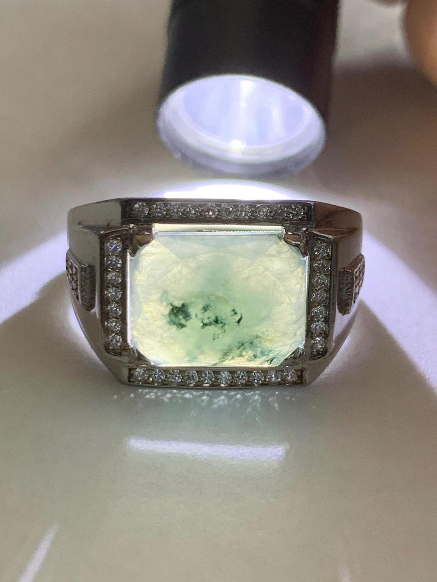 Natural Burmese Icy Translucent Gelatinous Faceted Dusty Green Faceted Jadeite Ring Sterling Silver Size 9 Adjustable 天然缅甸晴底飘花翡翠切割面银镶戒指 MQG