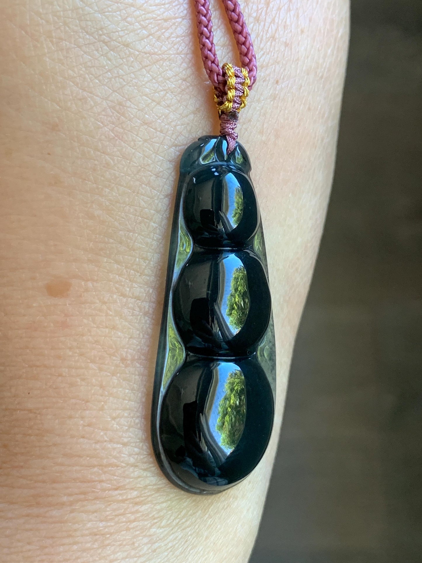 Natural Guatemalan Icy Translucent Dark Wuji Jadeite Large Peapod Pendant Rope Necklace 26” Adjustable 8g 天然冰危乌鸡翡翠福豆吊坠