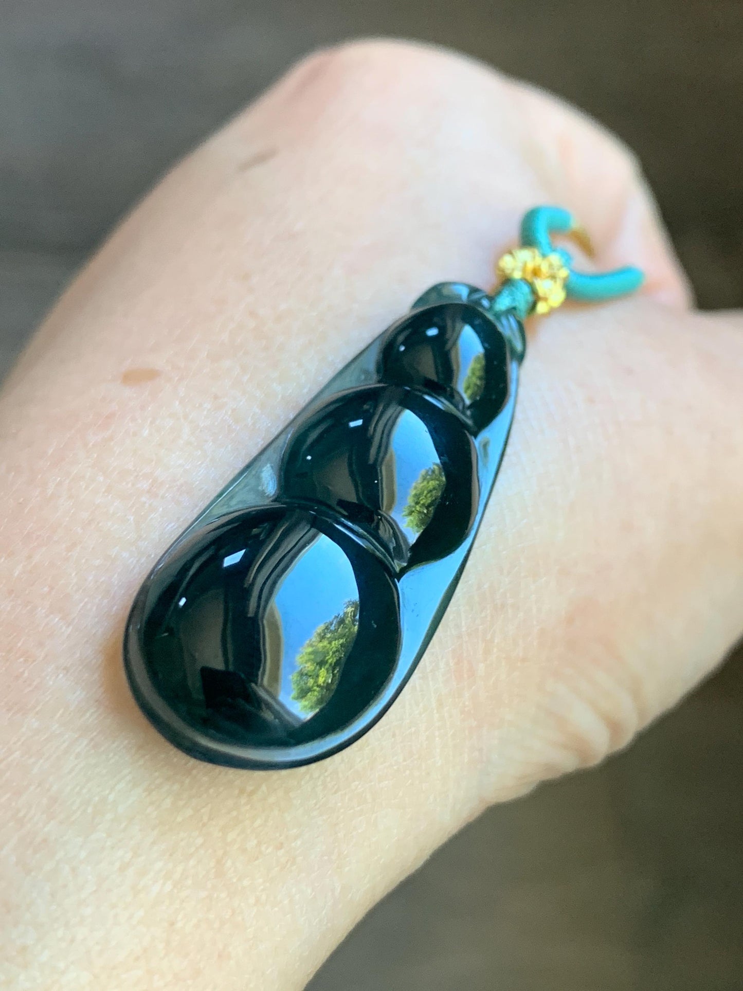 Natural Guatemalan Icy Translucent Dark Teal Blue Jadeite Large Peapod Pendant Rope Necklace 26” Adjustable 8g 天然冰危深蓝翡翠福豆吊坠