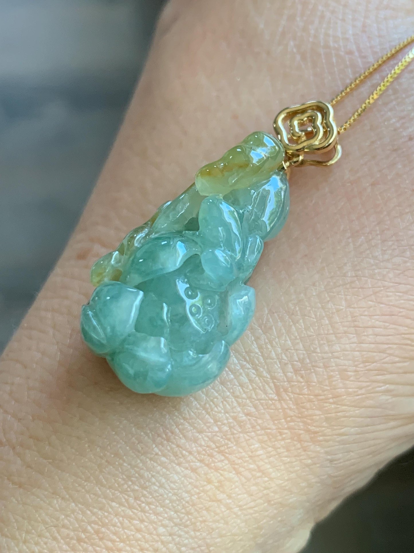 Certified Natural Burmese Icy Translucent Light Green Yellow Bicolored Jadeite Lotus Flower Ruyi Pendant 18K Yellow Gold 天然缅甸冰晴加黄翡翠莲花如意镶嵌吊坠
