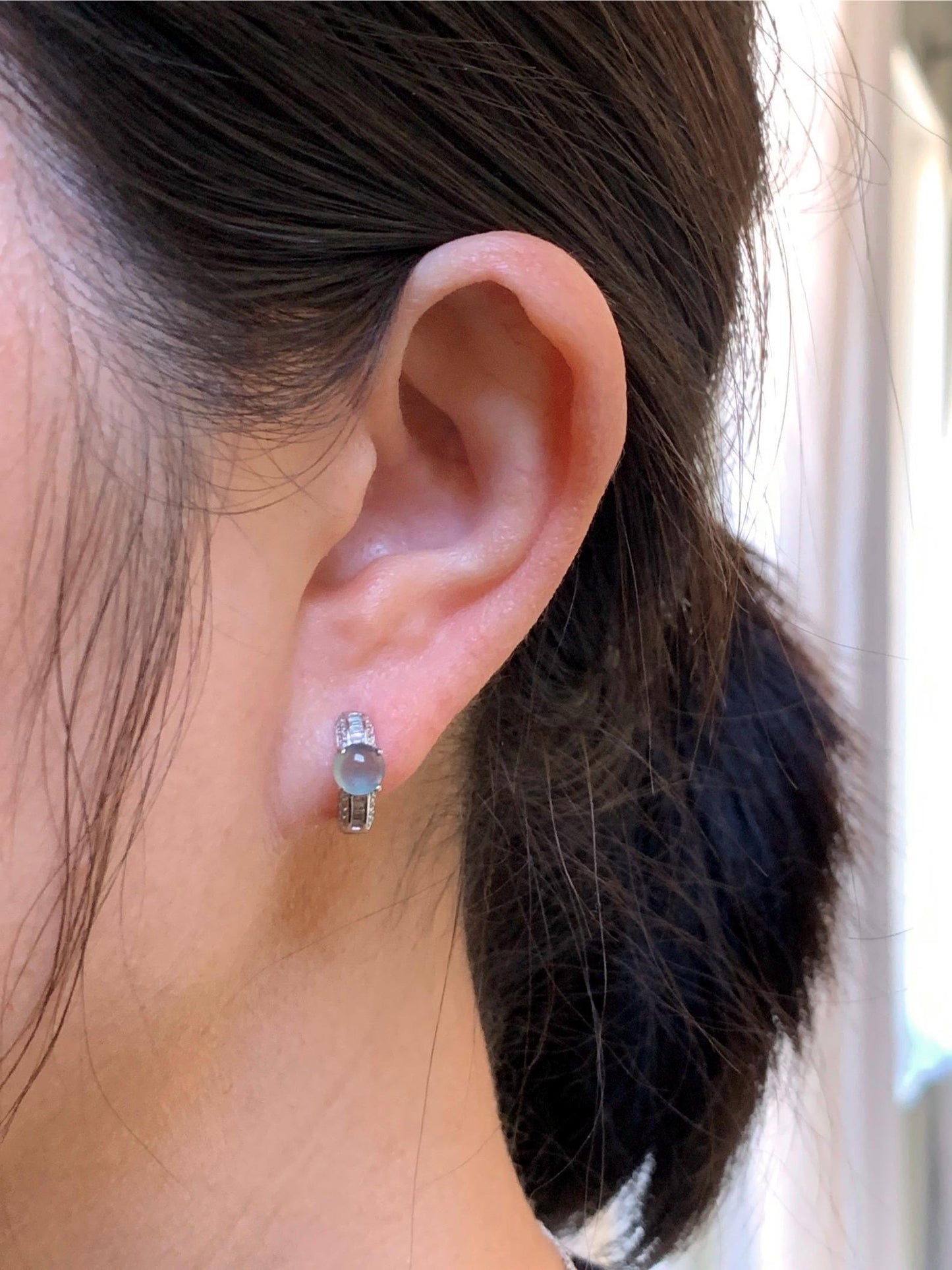 Natural Guatemalan Icy Highly Translucent Light Blue Jadeite Hoop Huggie Earrings S925 Sterling Silver 天然冰危起光晴蓝翡翠银镶耳包