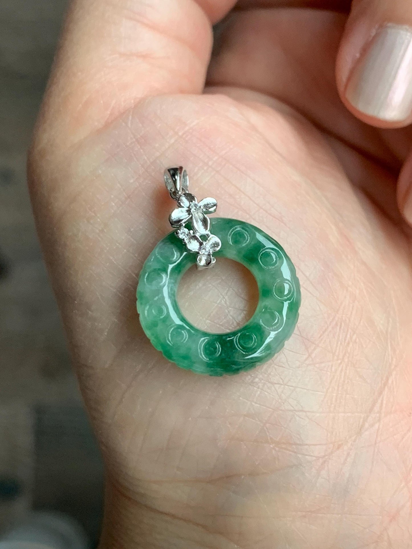Certified Natural Burmese Icy Green Marbled Jadeite Engraved Ping An Kou Donut Ring Pendant Sterling Silver 天然缅甸冰飘绿花翡翠仿古雕平安扣吊坠 6932