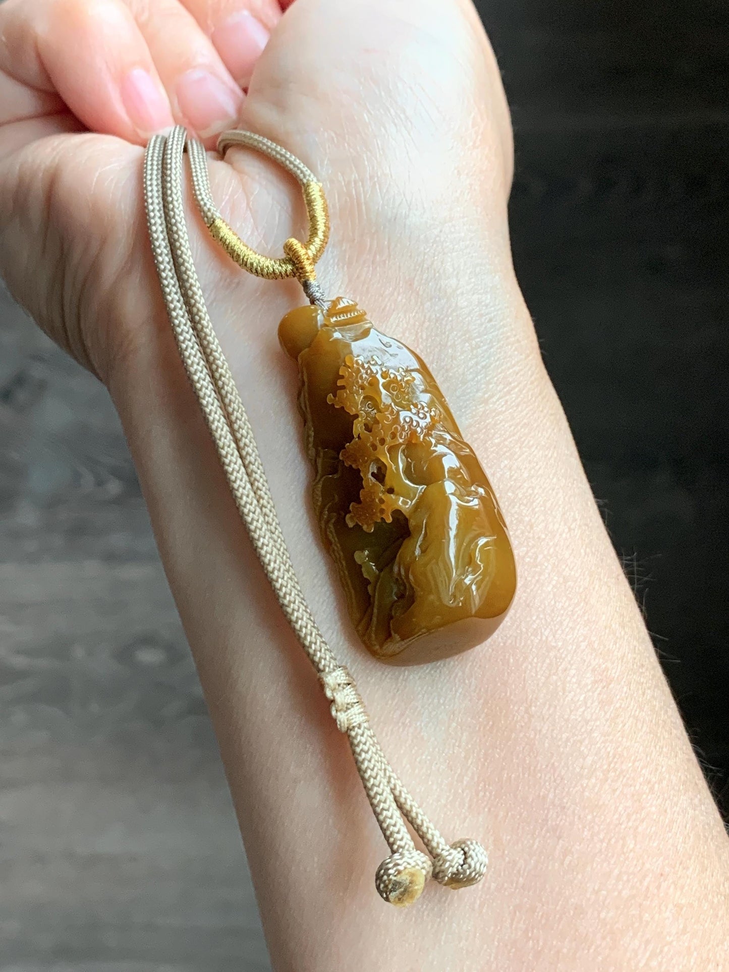 Certified Natural Guatemalan Icy Translucent Intense Rich Yellow Jadeite Shan Shui Landscape Pendant Rope Necklace 32” 天然冰危鸡油黄翡翠山水牌吊坠 6917