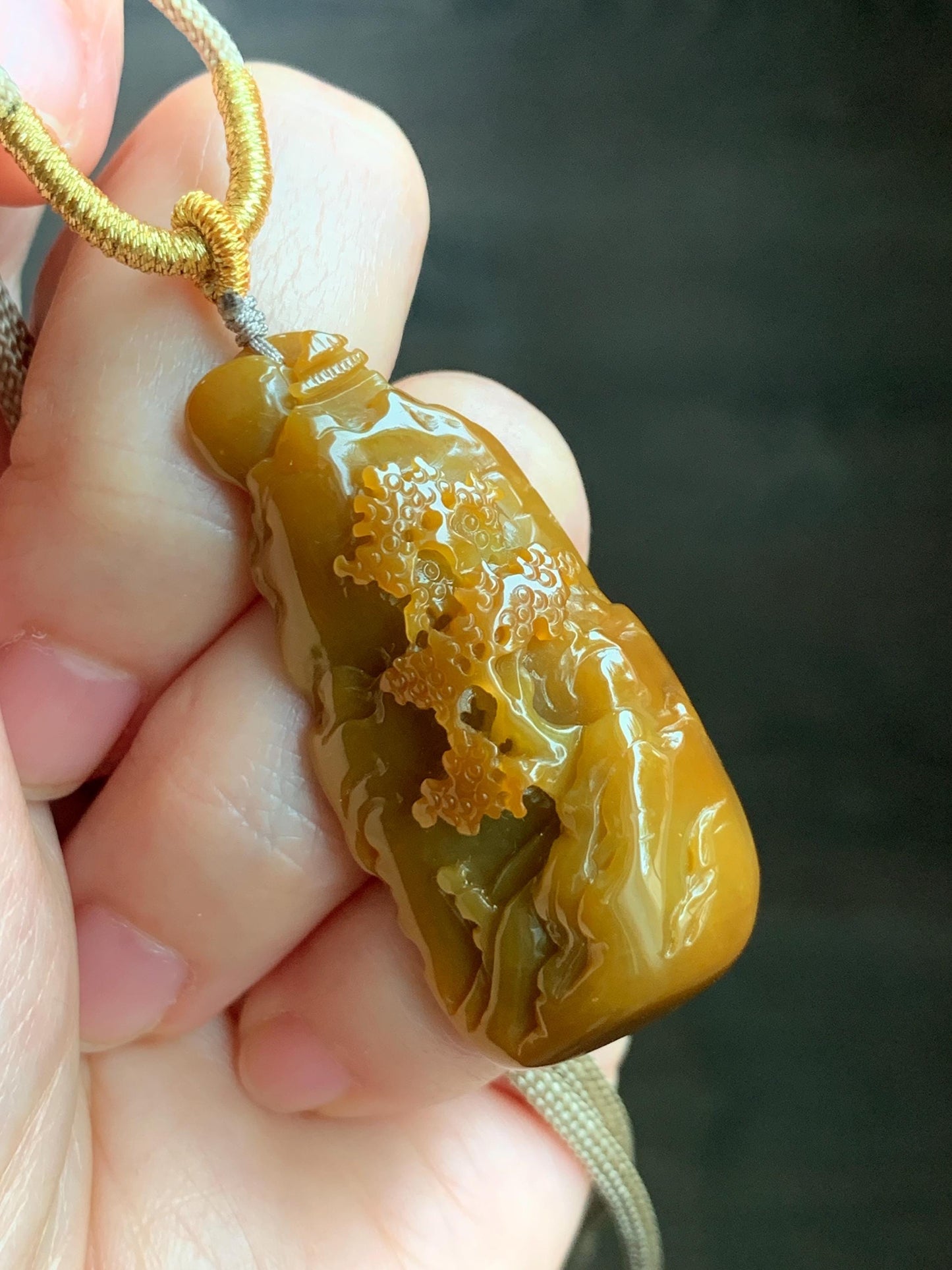 Certified Natural Guatemalan Icy Translucent Intense Rich Yellow Jadeite Shan Shui Landscape Pendant Rope Necklace 32” 天然冰危鸡油黄翡翠山水牌吊坠 6917