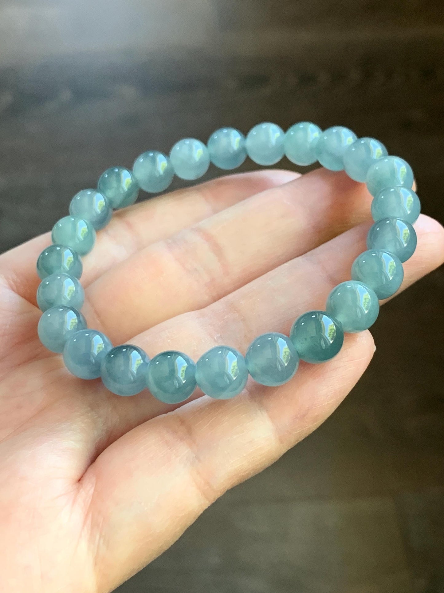 Natural Guatemalan Icy Highly Translucent Light Blue Teal Marbled Jadeite Beaded Bracelet Stretchy 7.8mm 6.75” 19g 天然冰危淡蓝飘花翡翠圆珠手串 DLW67
