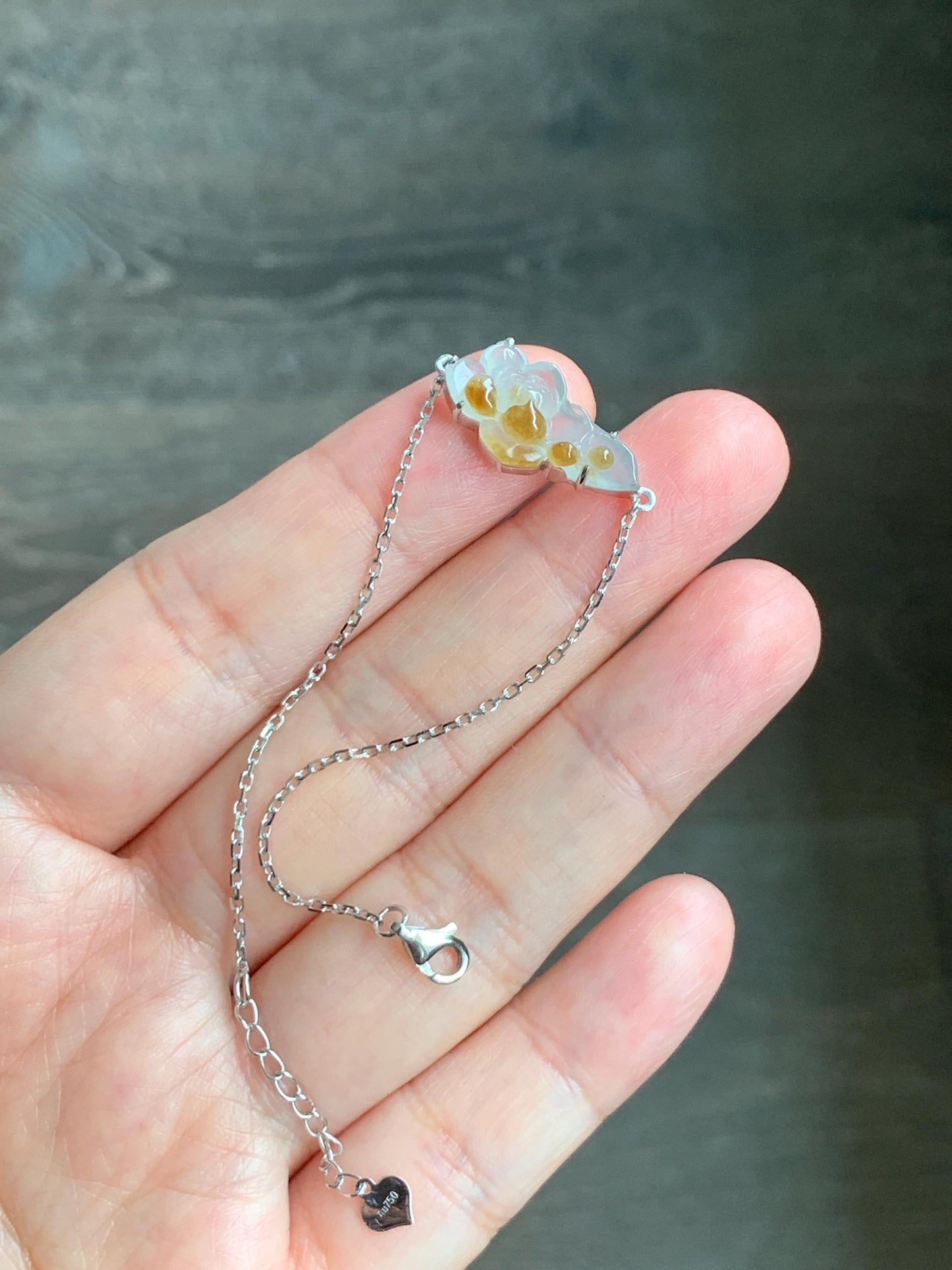 Certified Natural Burmese Icy Highly Translucent White Golden Yellow Marbled Jadeite Lotus Flower Bracelet 18K White Gold 天然缅甸白冰撒金翡翠莲花镶嵌手链