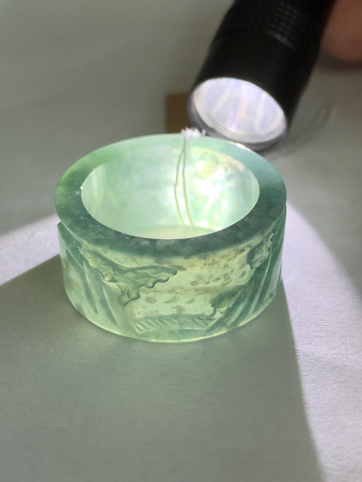 Certified Natural Guatemalan Icy Highly Translucent Dusty Teal Blue Marbled Jadeite Engraved Band Ring Size 10 天然冰危飘蓝花翡翠山水戒圈 6915