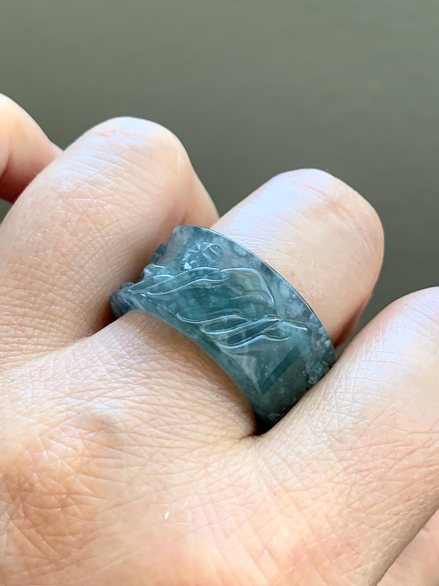Certified Natural Guatemalan Icy Highly Translucent Dusty Teal Blue Marbled Jadeite Engraved Band Ring Size 10 天然冰危飘蓝花翡翠山水戒圈 6915