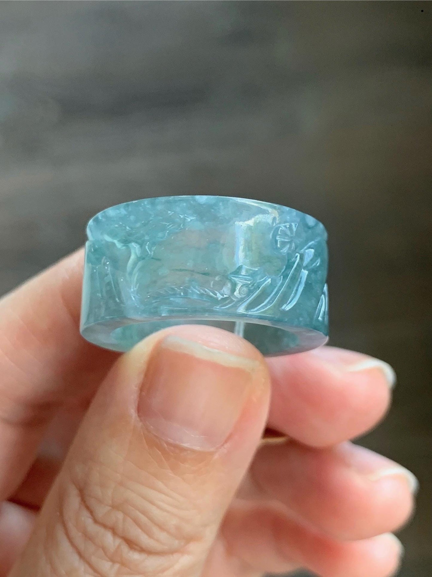Certified Natural Guatemalan Icy Highly Translucent Dusty Teal Blue Marbled Jadeite Engraved Band Ring Size 10 天然冰危飘蓝花翡翠山水戒圈 6915