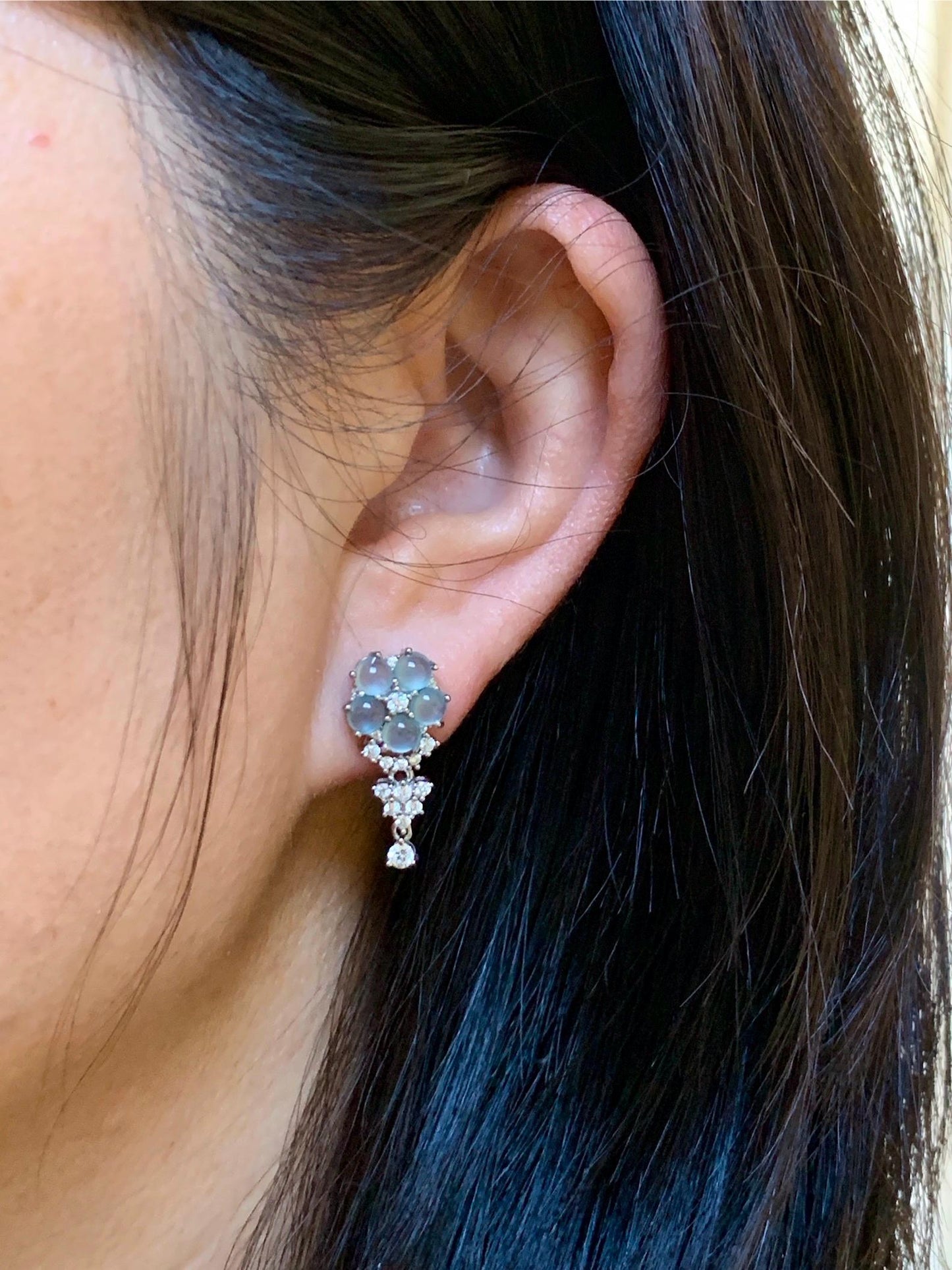 Certified Natural Guatemalan Grade A Icy Highly Translucent Light Blue Jadeite Floral Stud Earrings Sterling Silver 天然冰危淡蓝翡翠银镶耳钉 6885