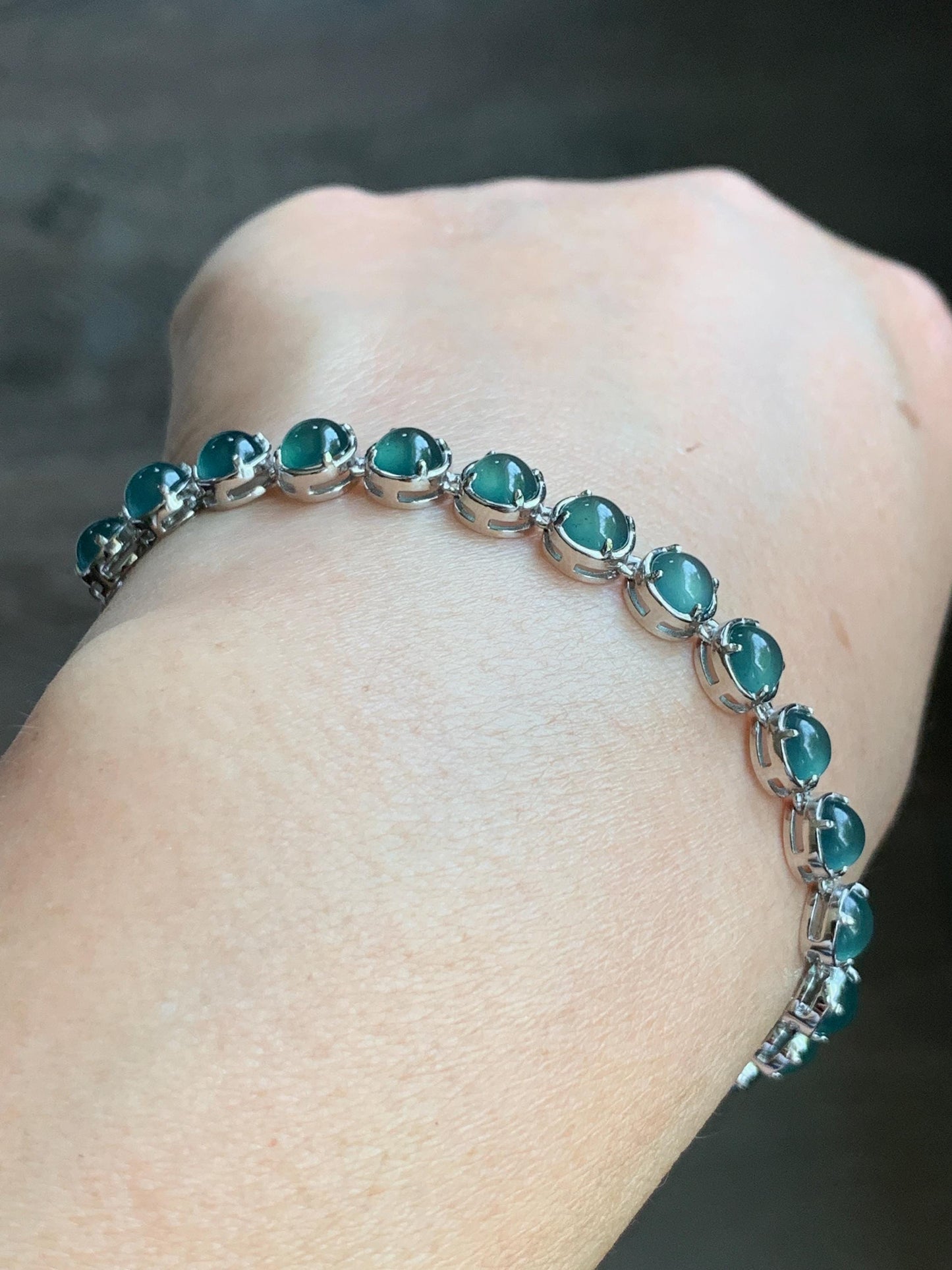 Certified Natural Guatemalan Premium Icy Teal Blue Jadeite Tennis Bracelet S925 Sterling Silver adjustable 5.25”-7.5” 天然高冰危蓝绿翡翠银镶手链 6896