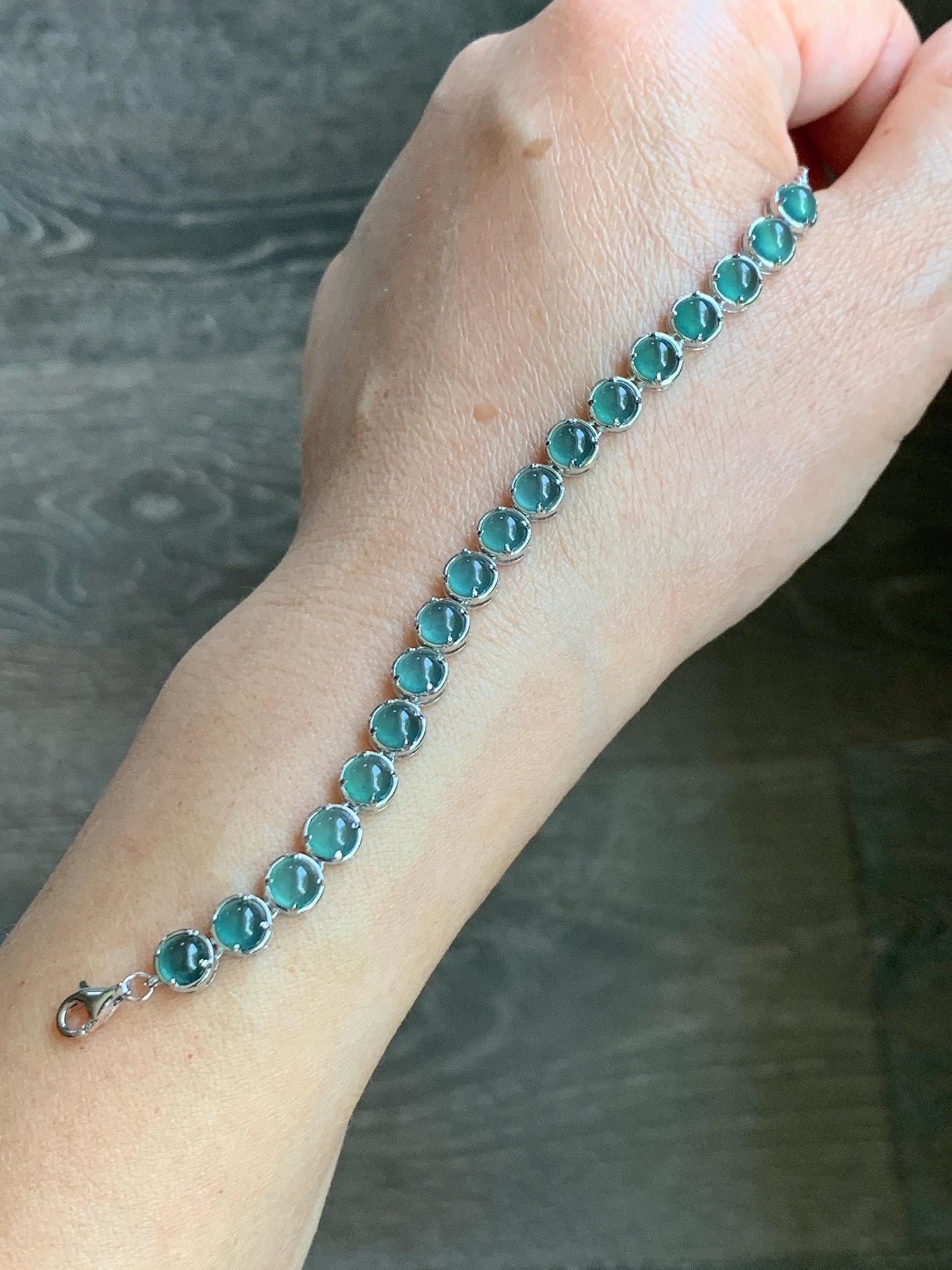 Certified Natural Guatemalan Premium Icy Teal Blue Jadeite Tennis Bracelet S925 Sterling Silver adjustable 5.25”-7.5” 天然高冰危蓝绿翡翠银镶手链 6896