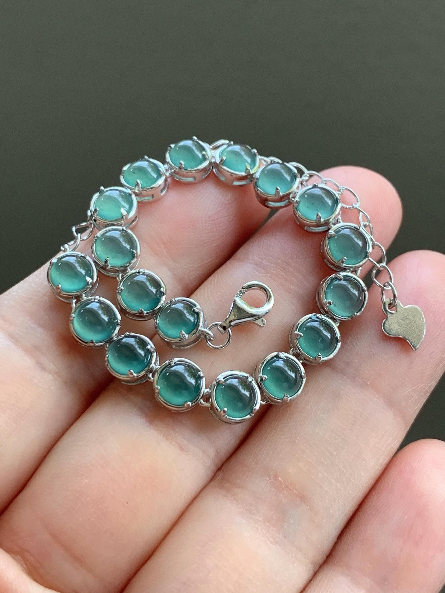 Certified Natural Guatemalan Premium Icy Teal Blue Jadeite Tennis Bracelet S925 Sterling Silver adjustable 5.25”-7.5” 天然高冰危蓝绿翡翠银镶手链 6896