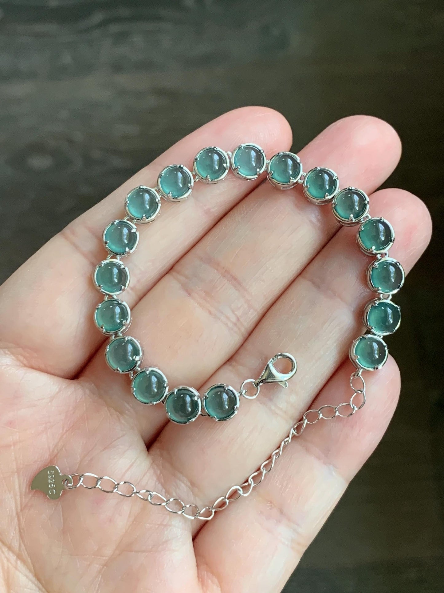 Certified Natural Guatemalan Premium Icy Teal Blue Jadeite Tennis Bracelet S925 Sterling Silver adjustable 5.25”-7.5” 天然高冰危蓝绿翡翠银镶手链 6896