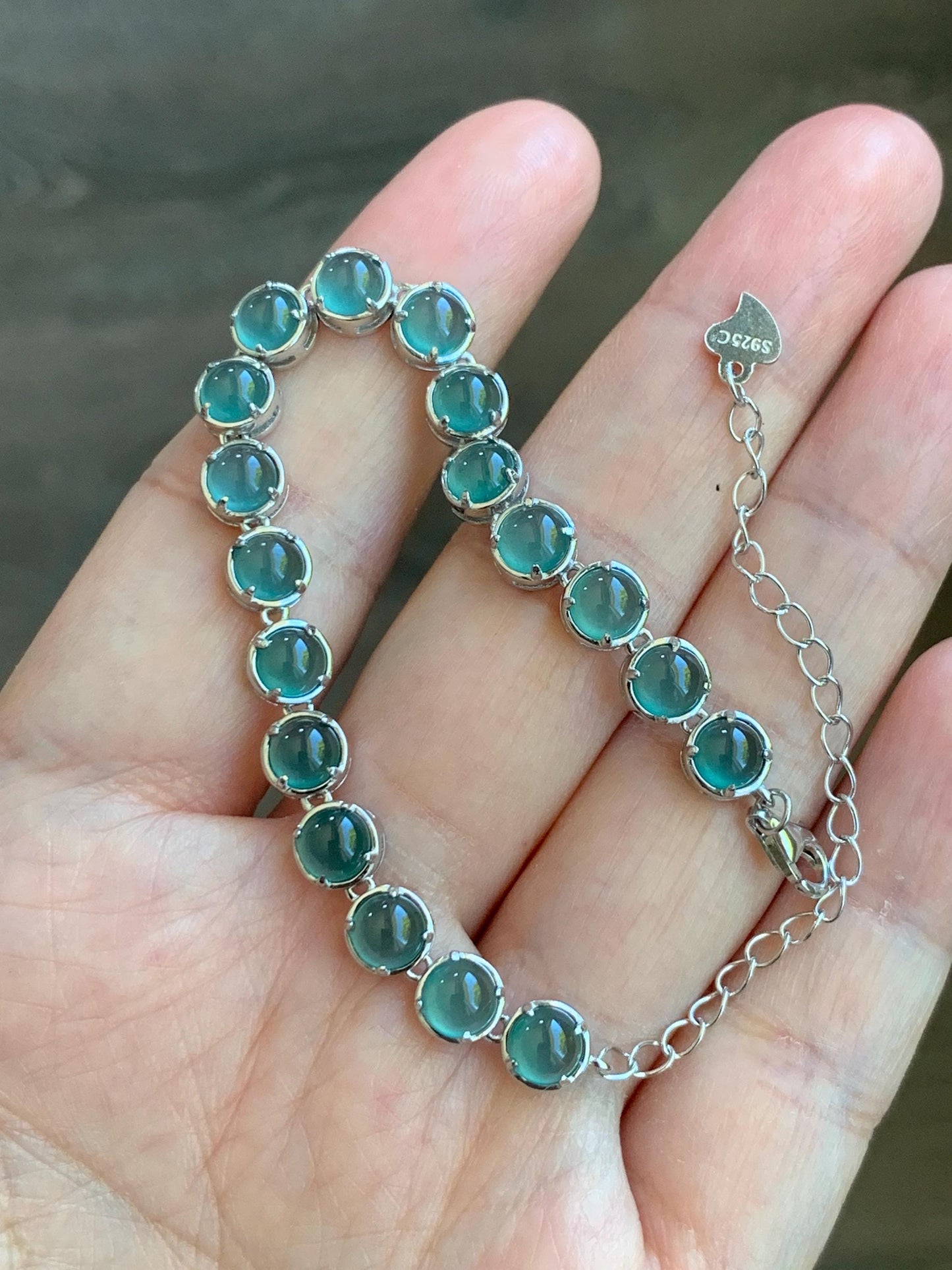 Certified Natural Guatemalan Premium Icy Teal Blue Jadeite Tennis Bracelet S925 Sterling Silver adjustable 5.25”-7.5” 天然高冰危蓝绿翡翠银镶手链 6896