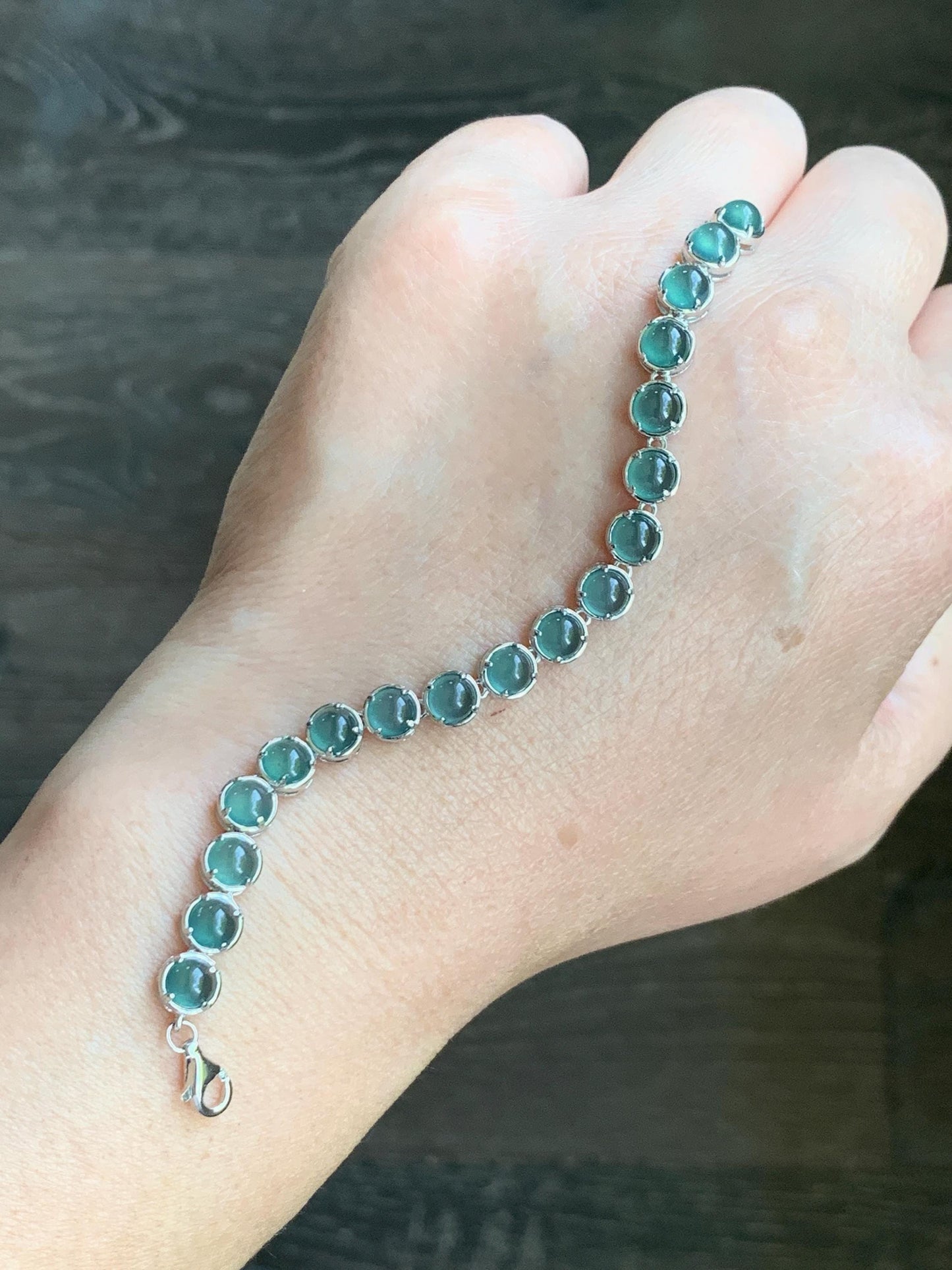 Certified Natural Guatemalan Premium Icy Teal Blue Jadeite Tennis Bracelet S925 Sterling Silver adjustable 5.25”-7.5” 天然高冰危蓝绿翡翠银镶手链 6896