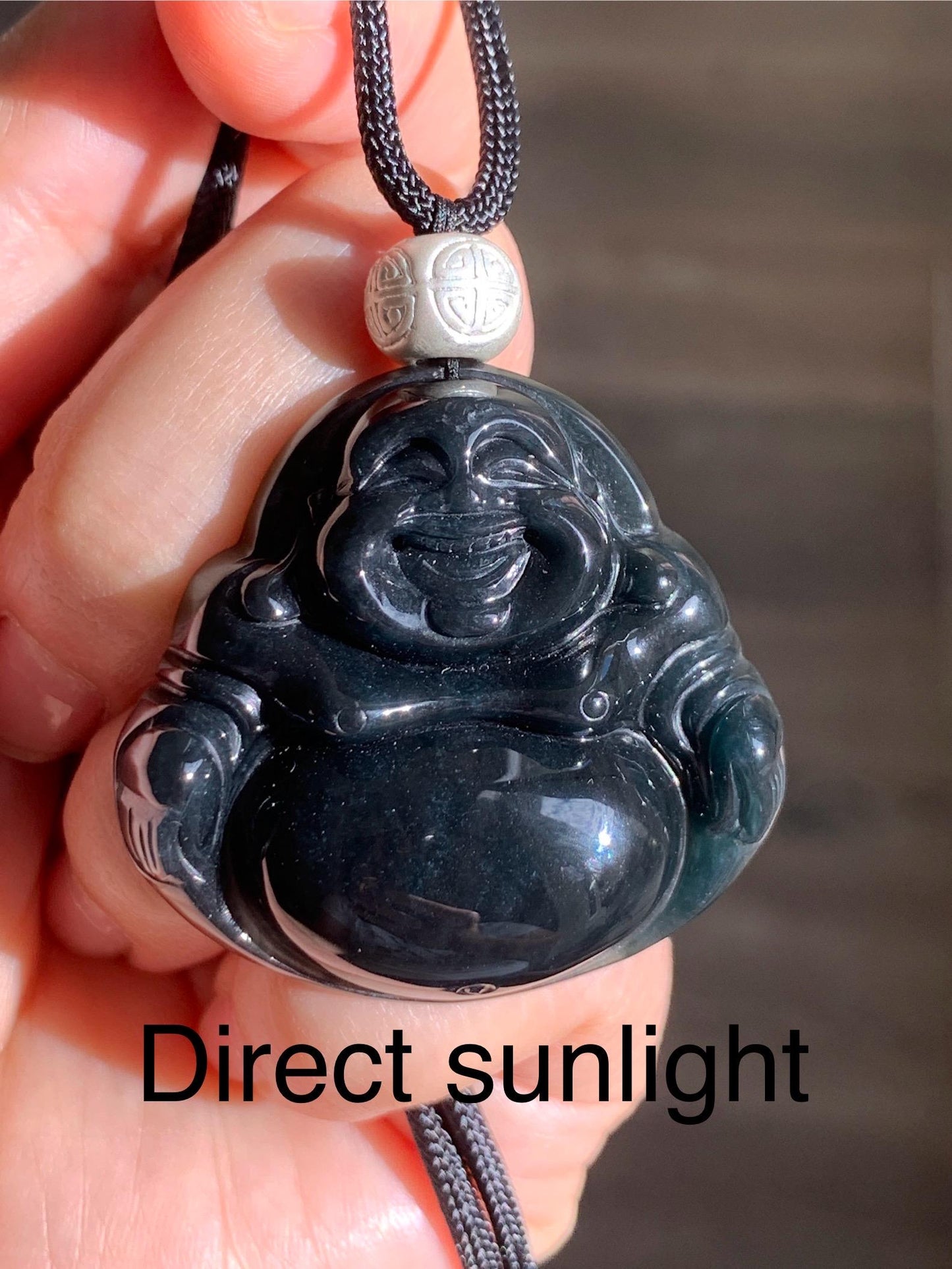 Natural Guatemalan Translucent Dark Wuji Jadeite Large Buddha Pendant Rope Necklace Sterling Silver Adjustable 33" 27g 天然冰危乌鸡翡翠大佛公吊坠