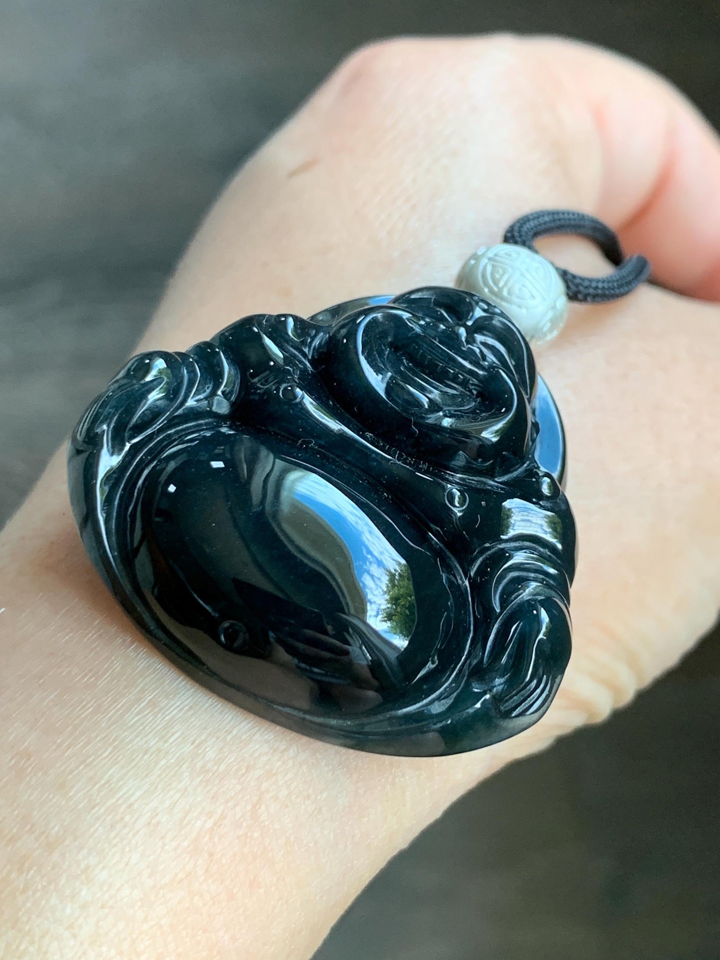 Natural Guatemalan Translucent Dark Wuji Jadeite Large Buddha Pendant Rope Necklace Sterling Silver Adjustable 33" 27g 天然冰危乌鸡翡翠大佛公吊坠
