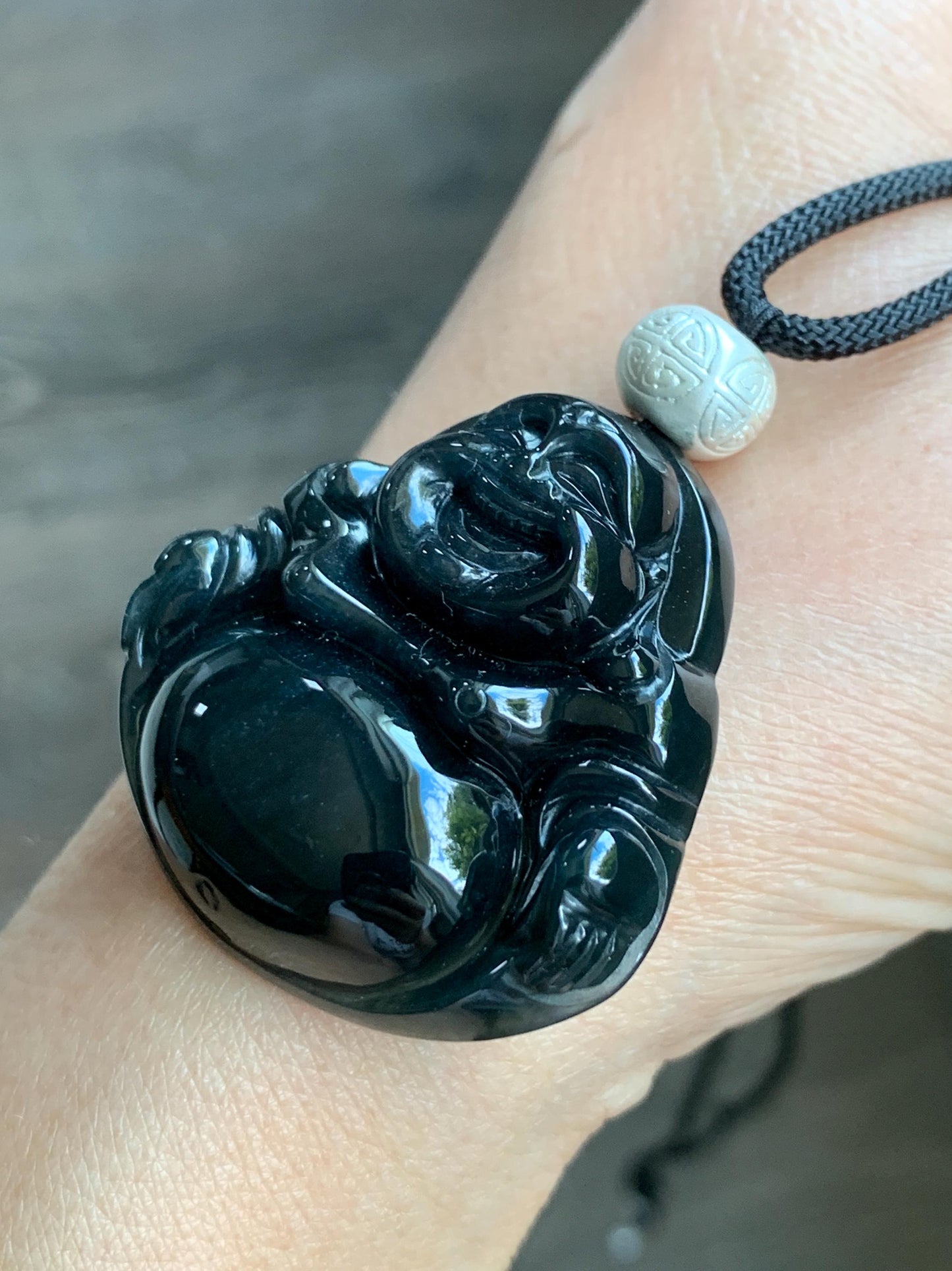 Natural Guatemalan Translucent Dark Wuji Jadeite Large Buddha Pendant Rope Necklace Sterling Silver Adjustable 33" 27g 天然冰危乌鸡翡翠大佛公吊坠