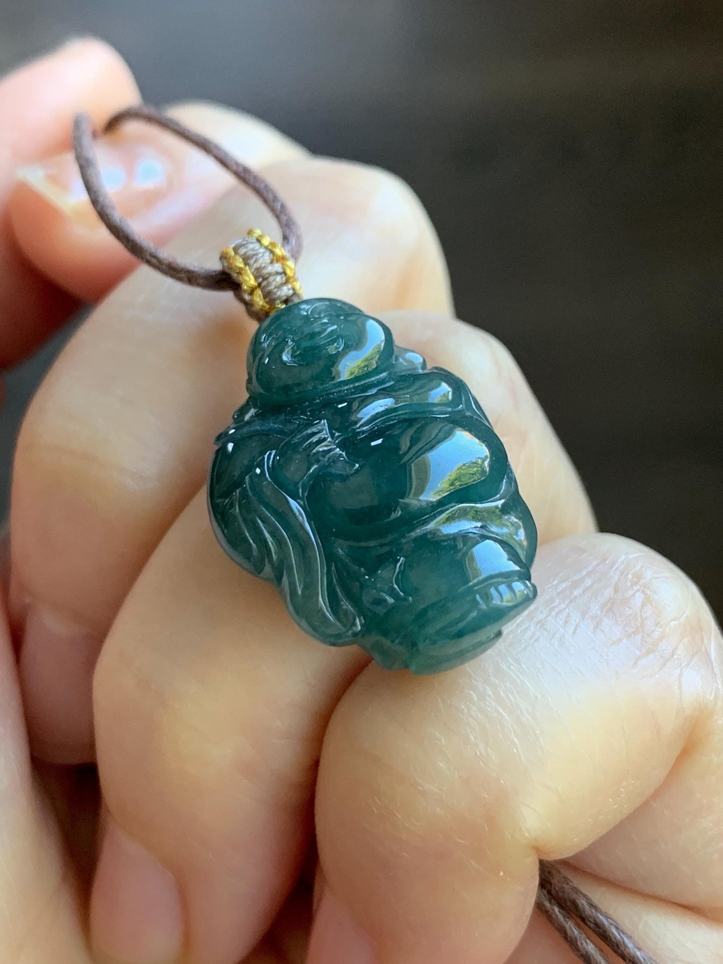 Natural Guatemalan Icy Translucent Gelatinous Dark Teal Blue Jadeite Carefree Buddha & Ruyi Pendant Rope Necklace 24” 天然冰胶危蓝水翡翠逍遥佛公吊坠