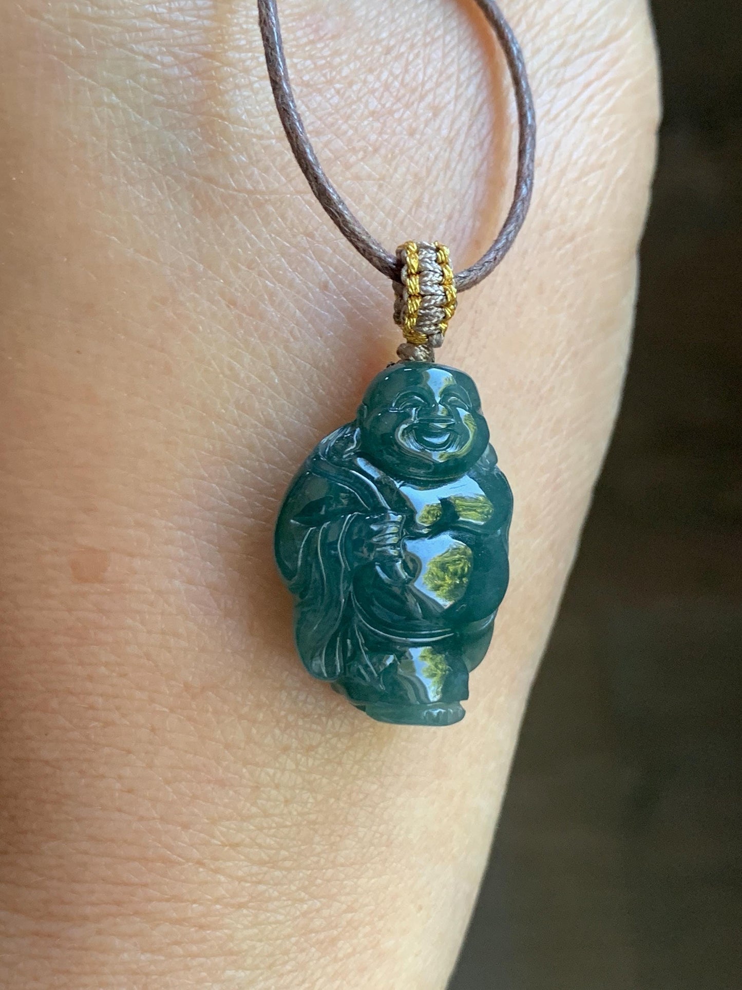 Natural Guatemalan Icy Translucent Gelatinous Dark Teal Blue Jadeite Carefree Buddha & Ruyi Pendant Rope Necklace 24” 天然冰胶危蓝水翡翠逍遥佛公吊坠