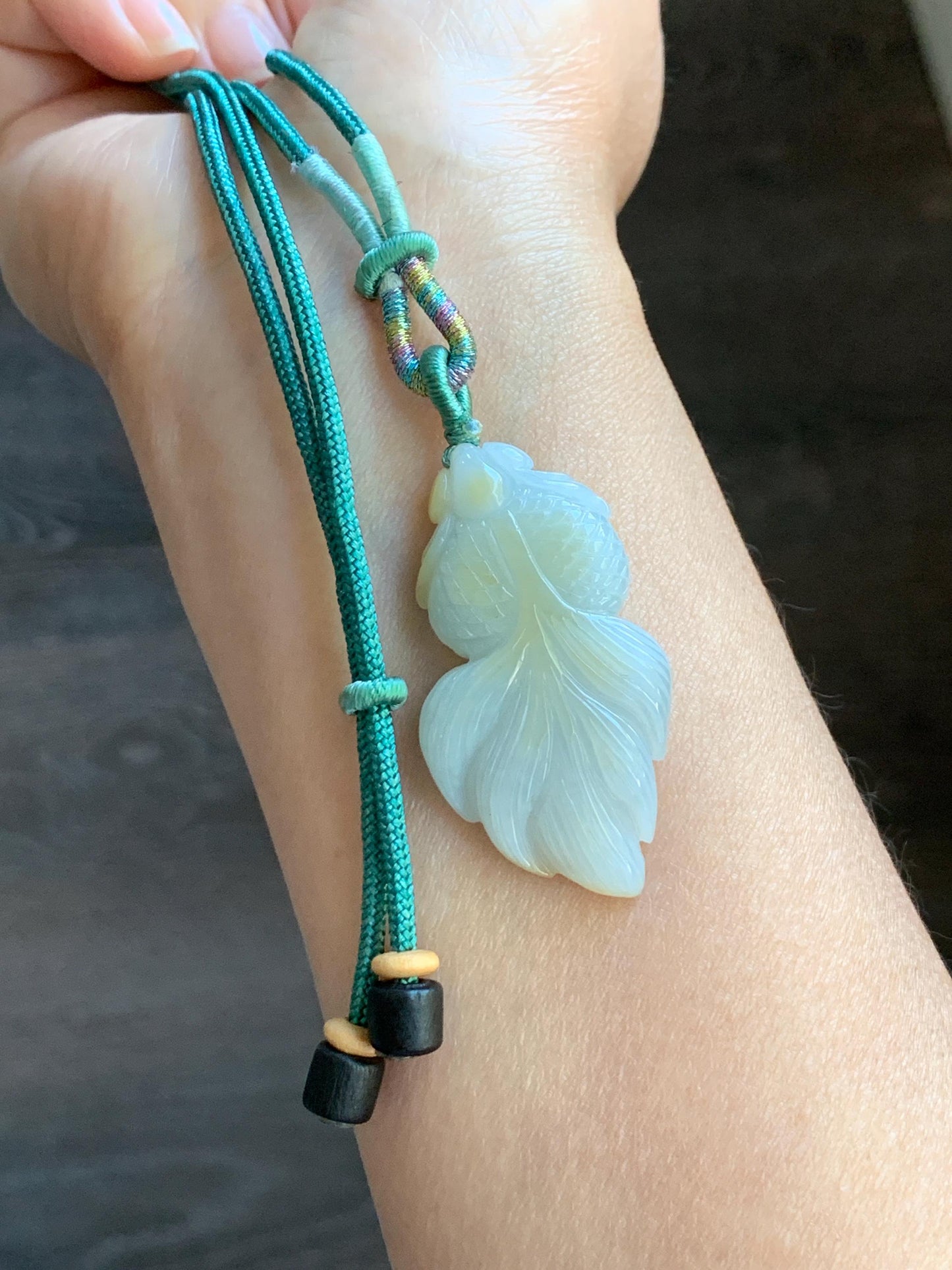Natural Burmese Icy Translucent Light Green Jadeite w/ Yellow Marbling Carved Goldfish Pendant Rope Necklace 天然缅甸淡晴翡翠飘黄翡金鱼吊坠