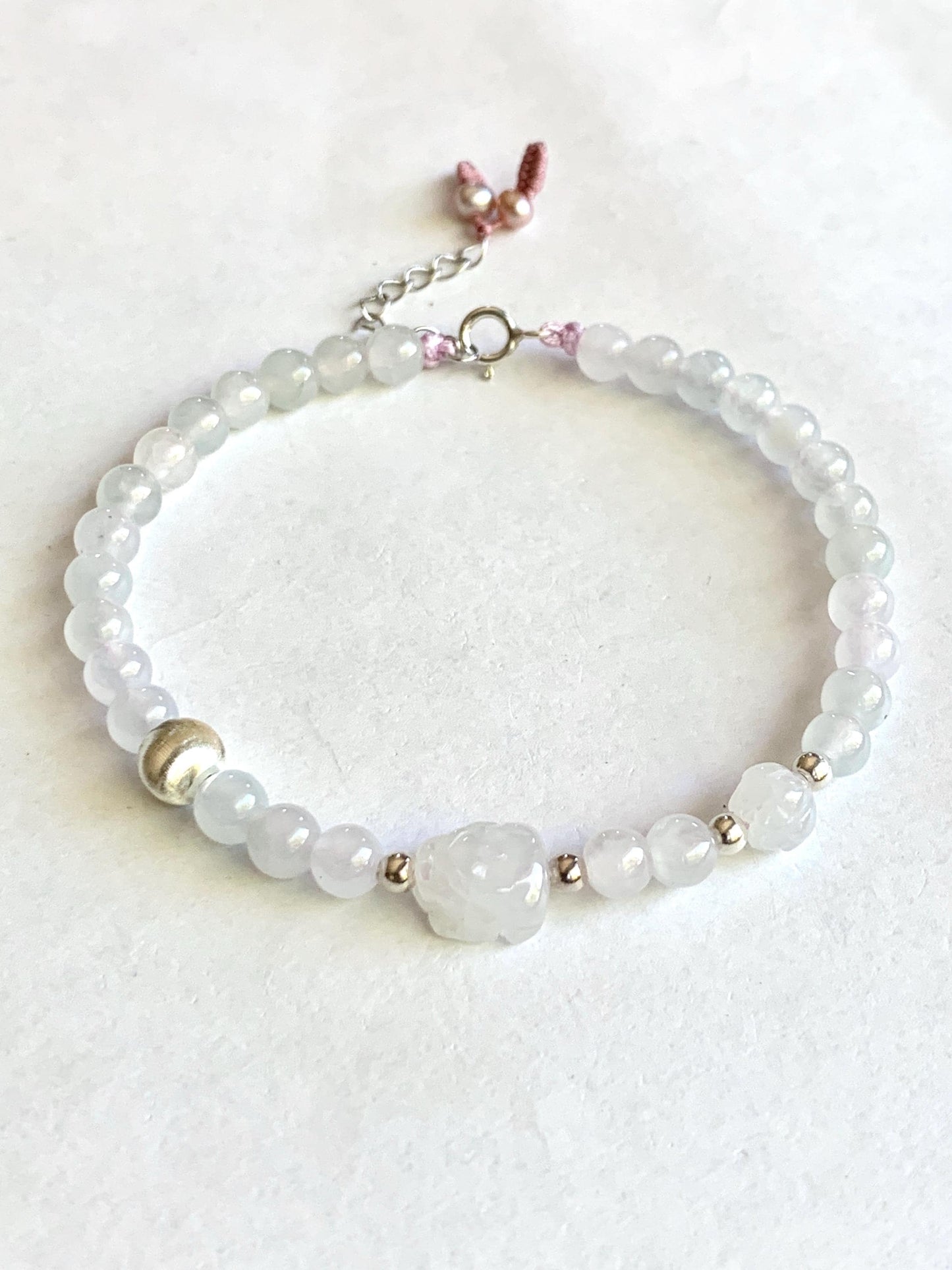 Natural Burmese Icy Highly Translucent Icy White Jadeite Pixiu Lotus Flower Beaded Bracelet Sterling Silver 6.75”-7.75” 7g 天然缅甸白冰胶翡翠貔貅莲花珠手串