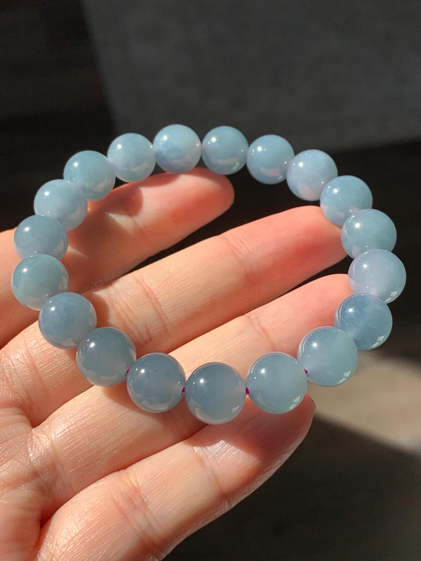 Certified Natural Guatemalan Icy Highly Translucent Dusty Purplish Blue Jadeite Beaded Bracelet 9.7mm 6.75” 30.1 天然老种冰危蓝紫飘花翡翠圆珠手串 6898