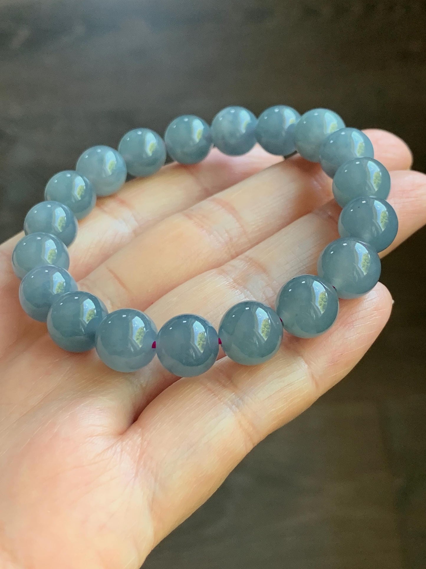 Certified Natural Guatemalan Icy Highly Translucent Dusty Purplish Blue Jadeite Beaded Bracelet 9.7mm 6.75” 30.1 天然老种冰危蓝紫飘花翡翠圆珠手串 6898