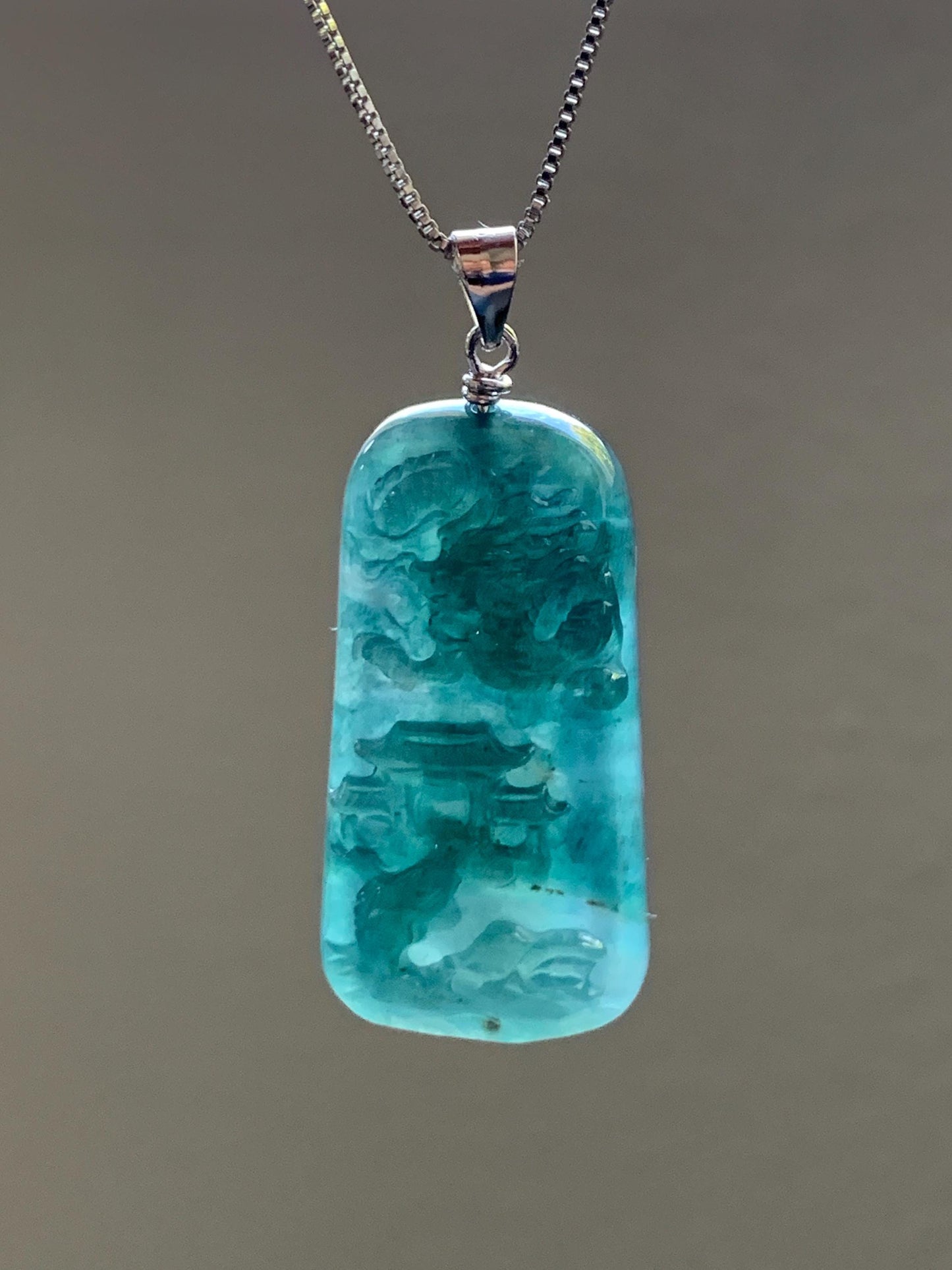 Natural Guatemalan Dark Teal Blue Jadeite Carved Carp Leaping Over Dragon Gate Pendant Sterling Silver 天然冰危深蓝水翡翠鲤鱼跳龙门吊坠