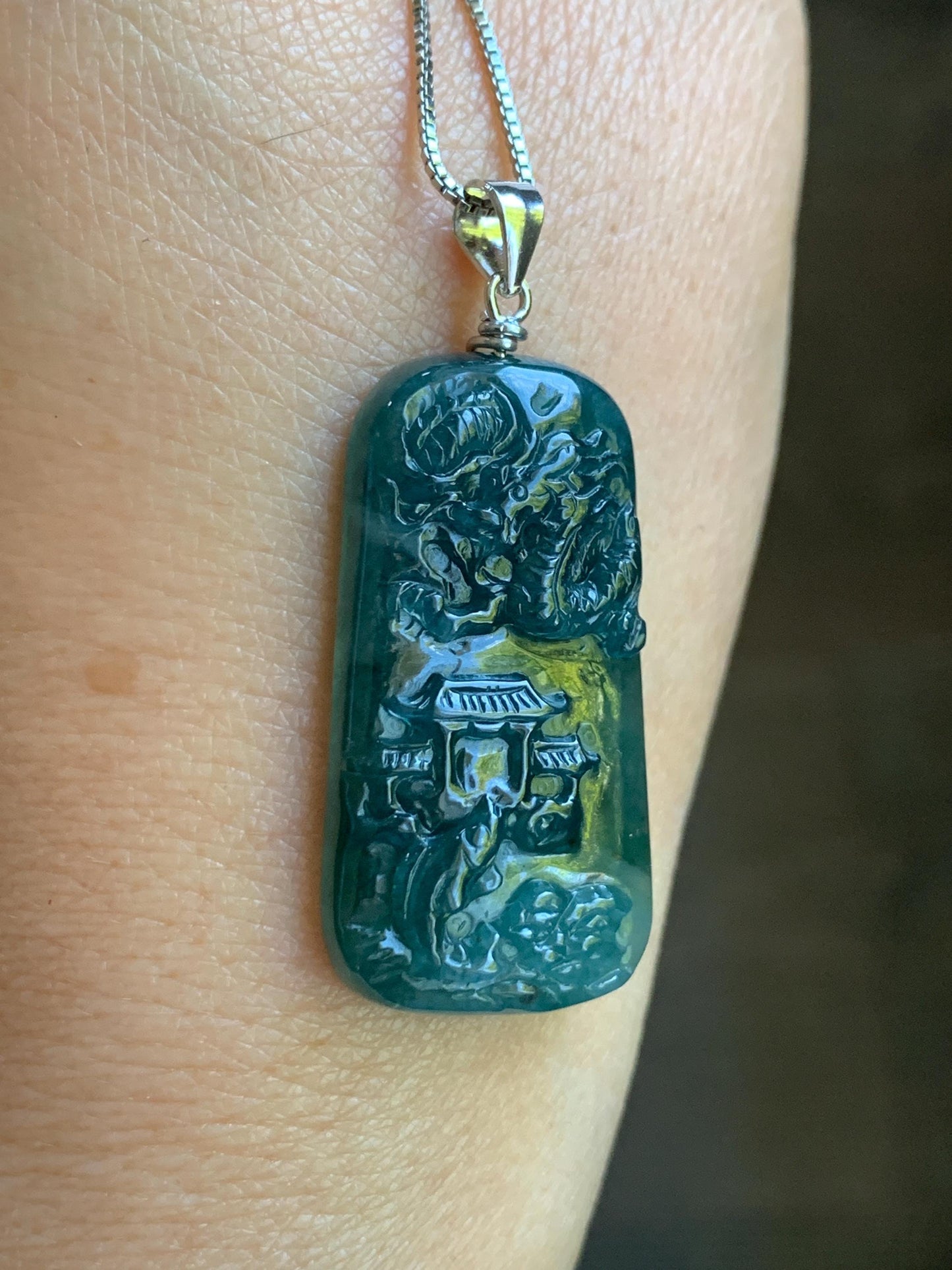 Natural Guatemalan Dark Teal Blue Jadeite Carved Carp Leaping Over Dragon Gate Pendant Sterling Silver 天然冰危深蓝水翡翠鲤鱼跳龙门吊坠