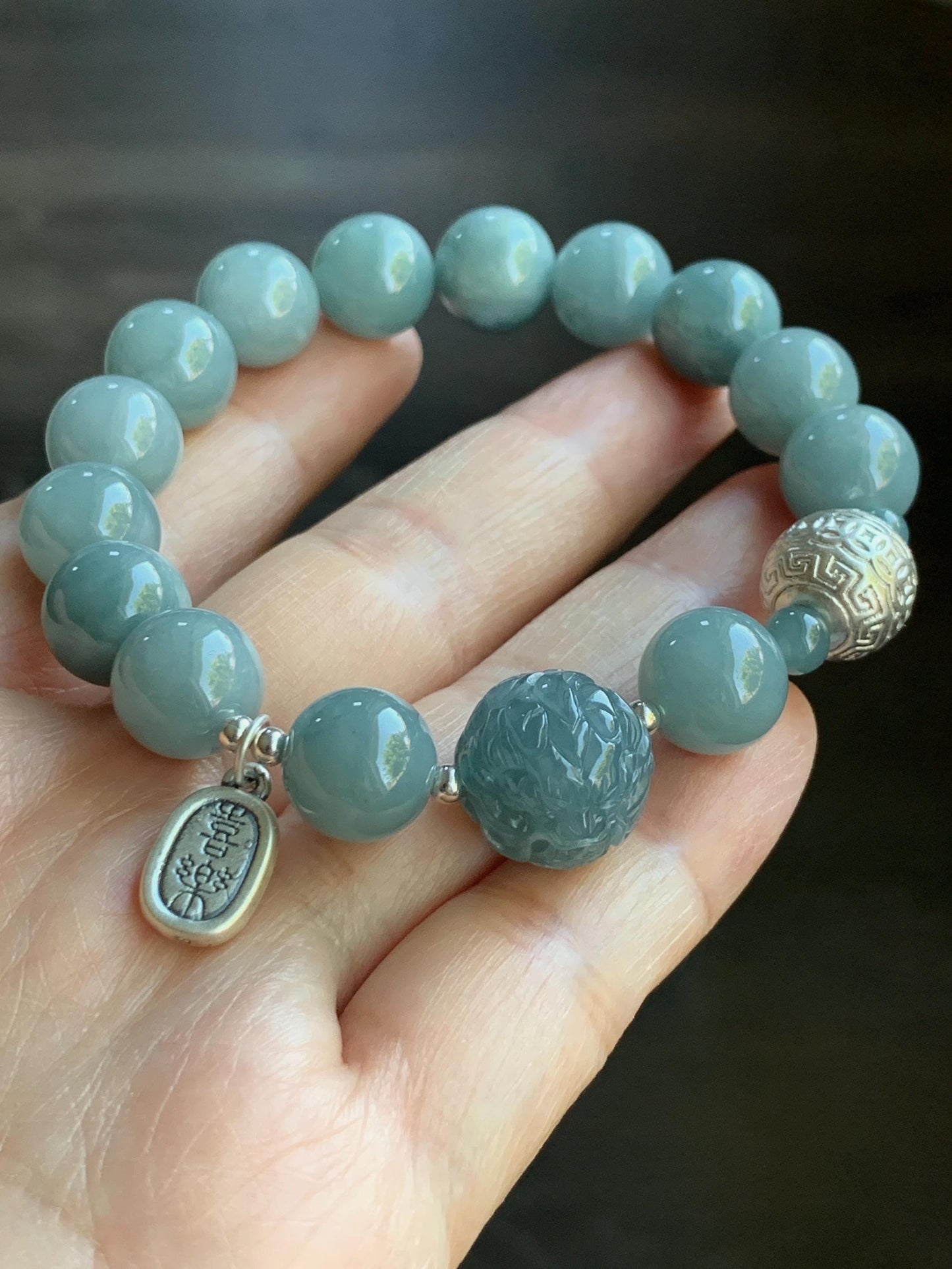 Natural Guatemalan Icy Translucent Light Dusty Blue Jadeite Dragon Bead Beaded Bracelet Sterling Silver 7.25” 11mm 40g 天然冰危浅蓝翡翠龙珠手串 QLZ315Q