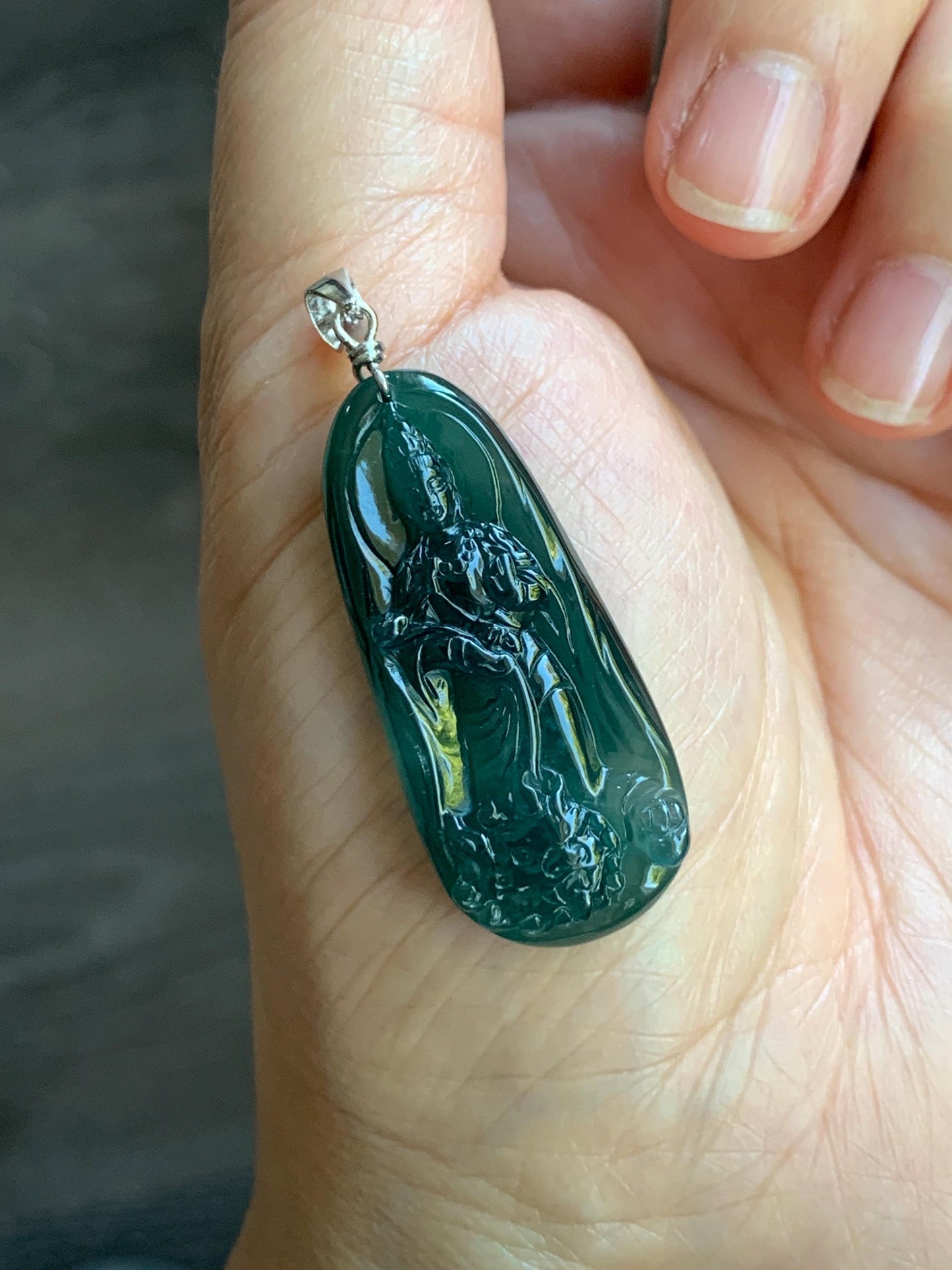 Natural Guatemalan Icy Translucent Gelatinous Deep Blue Jadeite Wen Shu Manjushri Bodhisattva Pendant Sterling Silver 天然冰胶危深蓝翡翠文殊菩萨吊坠 A