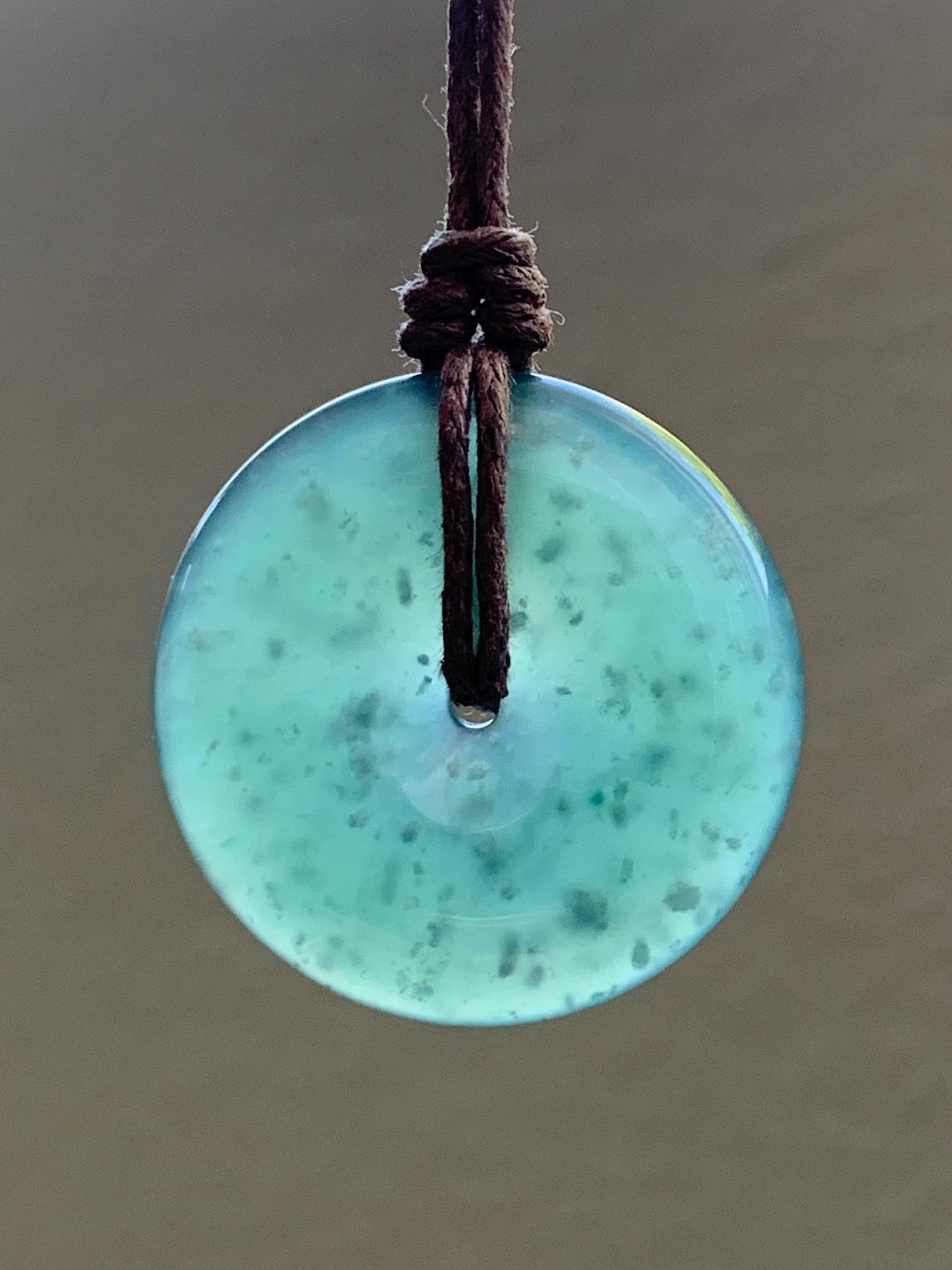 Natural Guatemalan Icy Highly Translucent Gelatinous Teal Green Jadeite Ping An Kou Donut Pendant Rope Necklace 26” 8g 天然老种冰胶危蓝绿翡翠平安扣吊坠