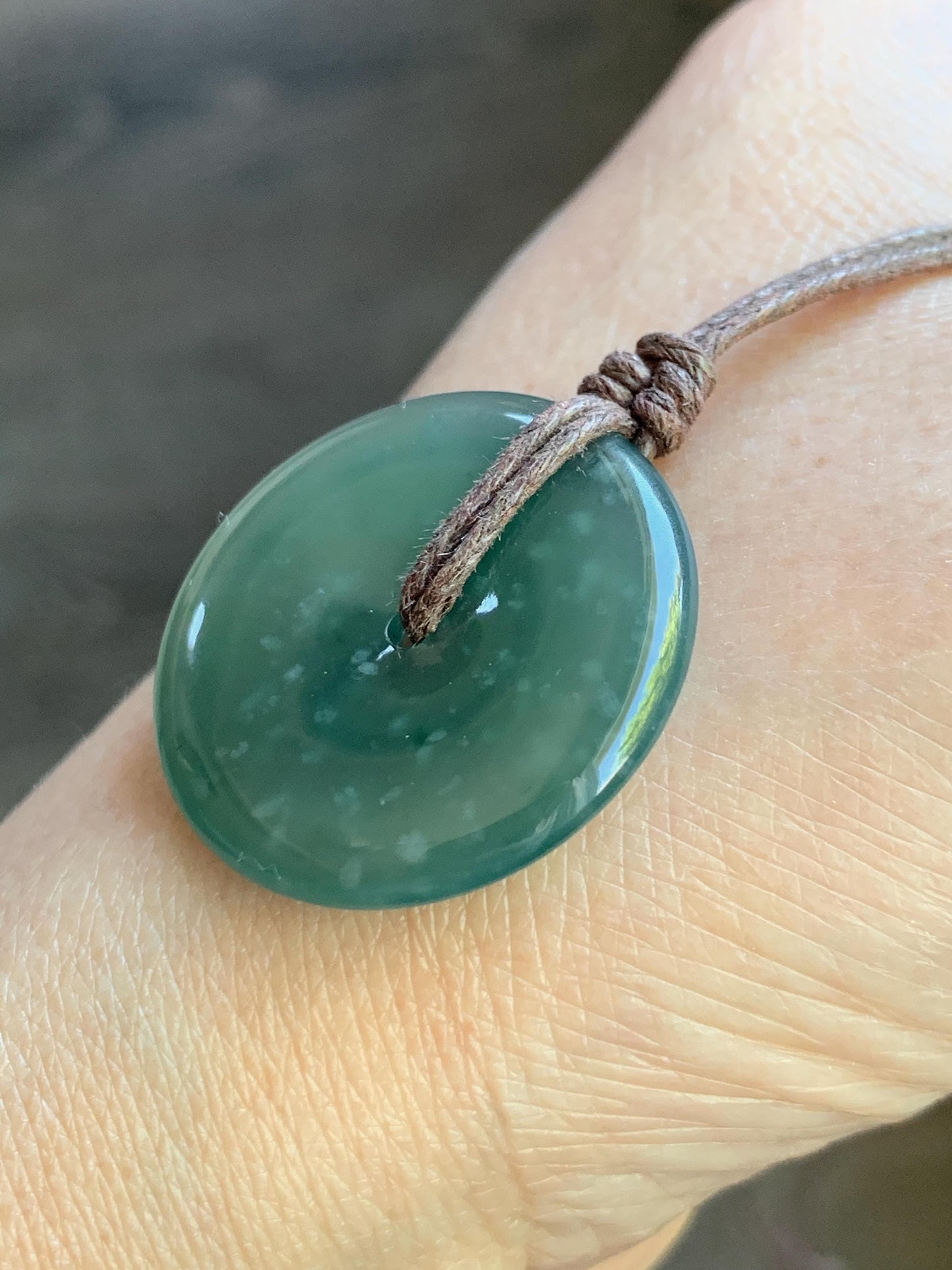 Natural Guatemalan Icy Highly Translucent Gelatinous Teal Green Jadeite Ping An Kou Donut Pendant Rope Necklace 26” 8g 天然老种冰胶危蓝绿翡翠平安扣吊坠