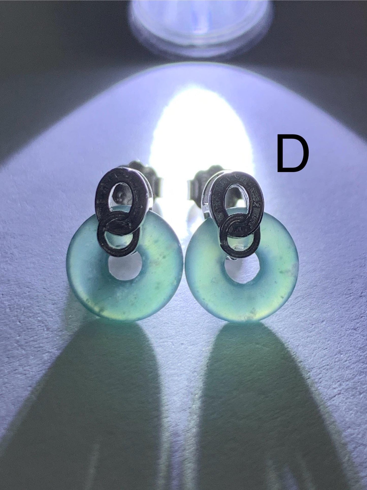 Natural Guatemalan Icy Highly Translucent Teal Green Jadeite Petite Ping An Kou Donut Studs Earrings Sterling Silver 天然冰危晴蓝起光翡翠平安扣耳钉耳环
