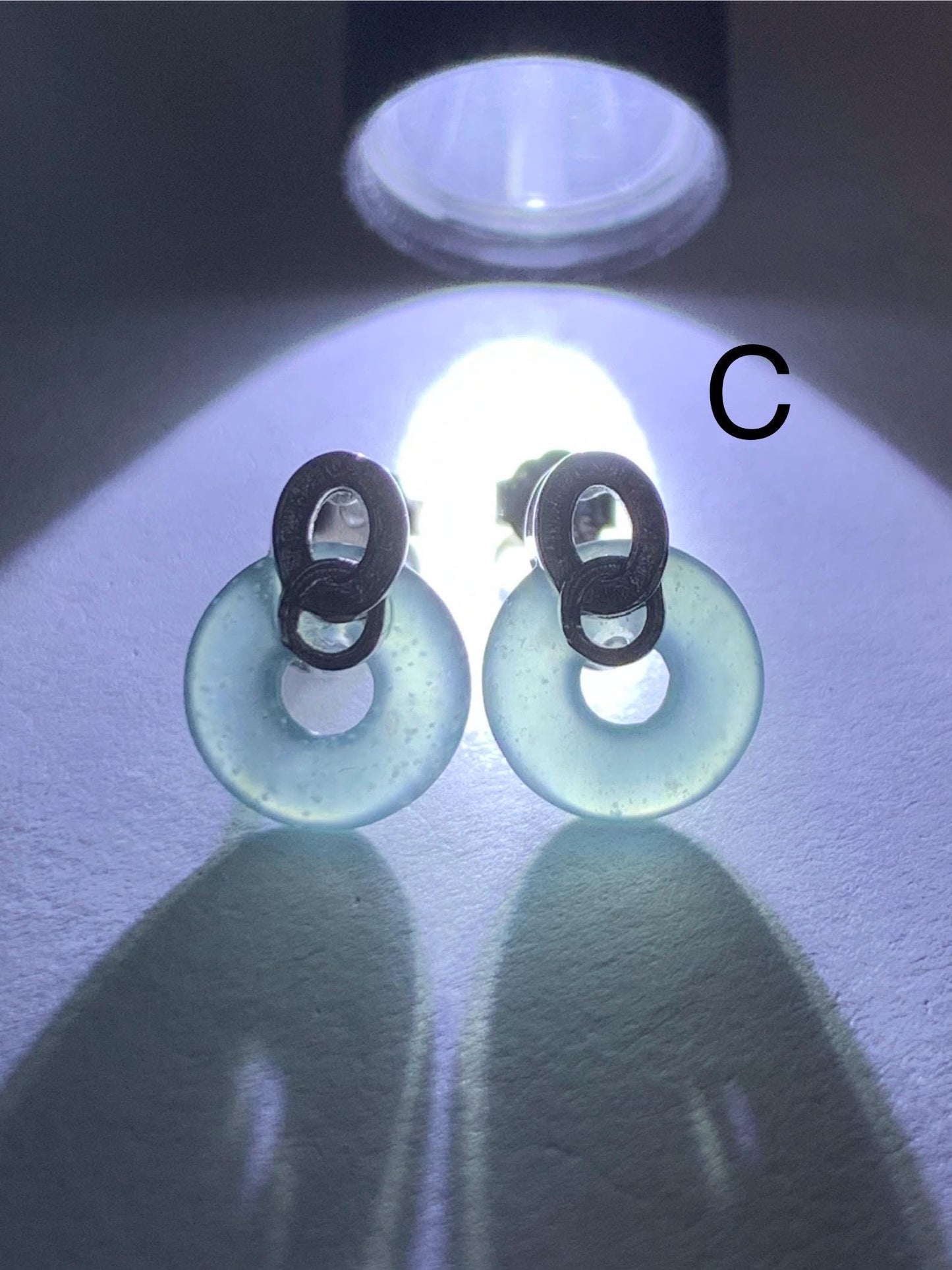 Natural Guatemalan Icy Highly Translucent Teal Green Jadeite Petite Ping An Kou Donut Studs Earrings Sterling Silver 天然冰危晴蓝起光翡翠平安扣耳钉耳环