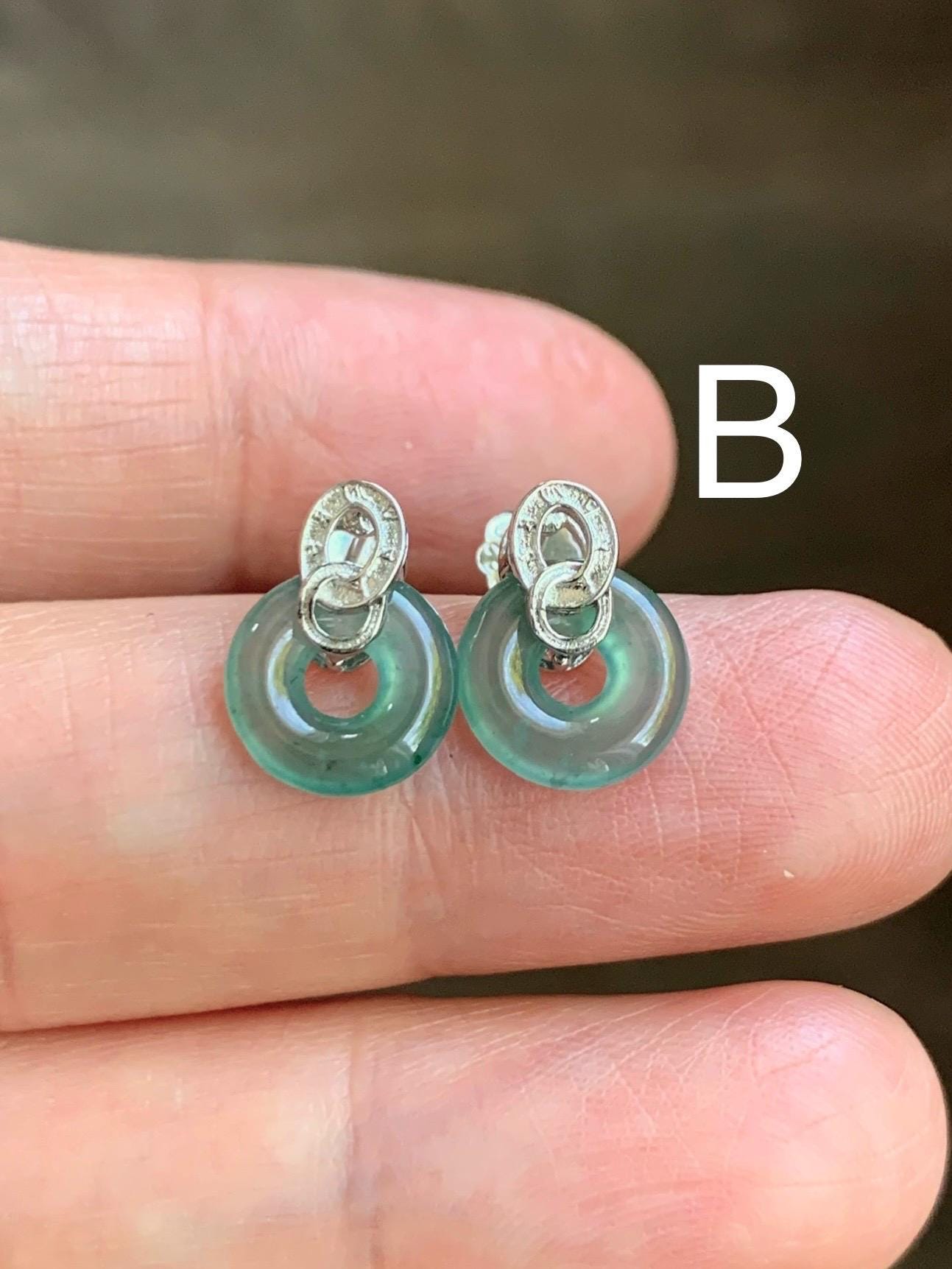 Natural Guatemalan Icy Highly Translucent Teal Green Jadeite Petite Ping An Kou Donut Studs Earrings Sterling Silver 天然冰危晴蓝起光翡翠平安扣耳钉耳环