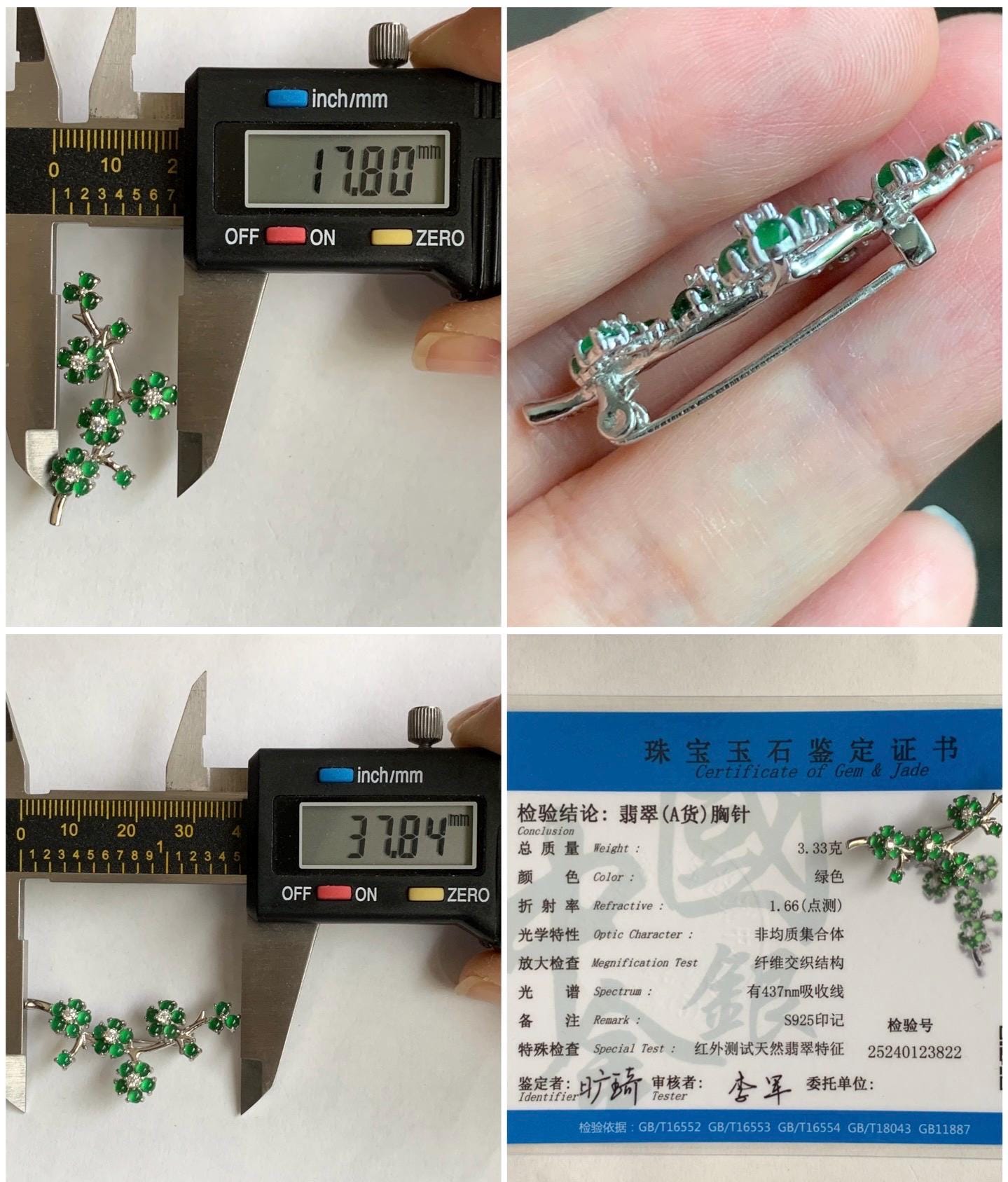 Certified Natural Guatemalan Icy Highly Translucent Vibrant Green Jadeite Cherry Blossom Brooch S925 Sterling Silver 天然冰危绿翡翠银镶梅花枝胸针 3822