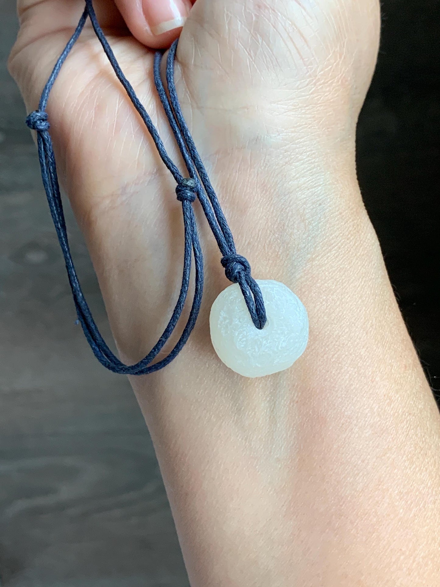 Natural Nephrite Hetian Jade Icy White Translucent Ping An Kou Donut Pendant Rope Necklace Adjustable 29" 7g 天然和田玉白玉平安扣项链
