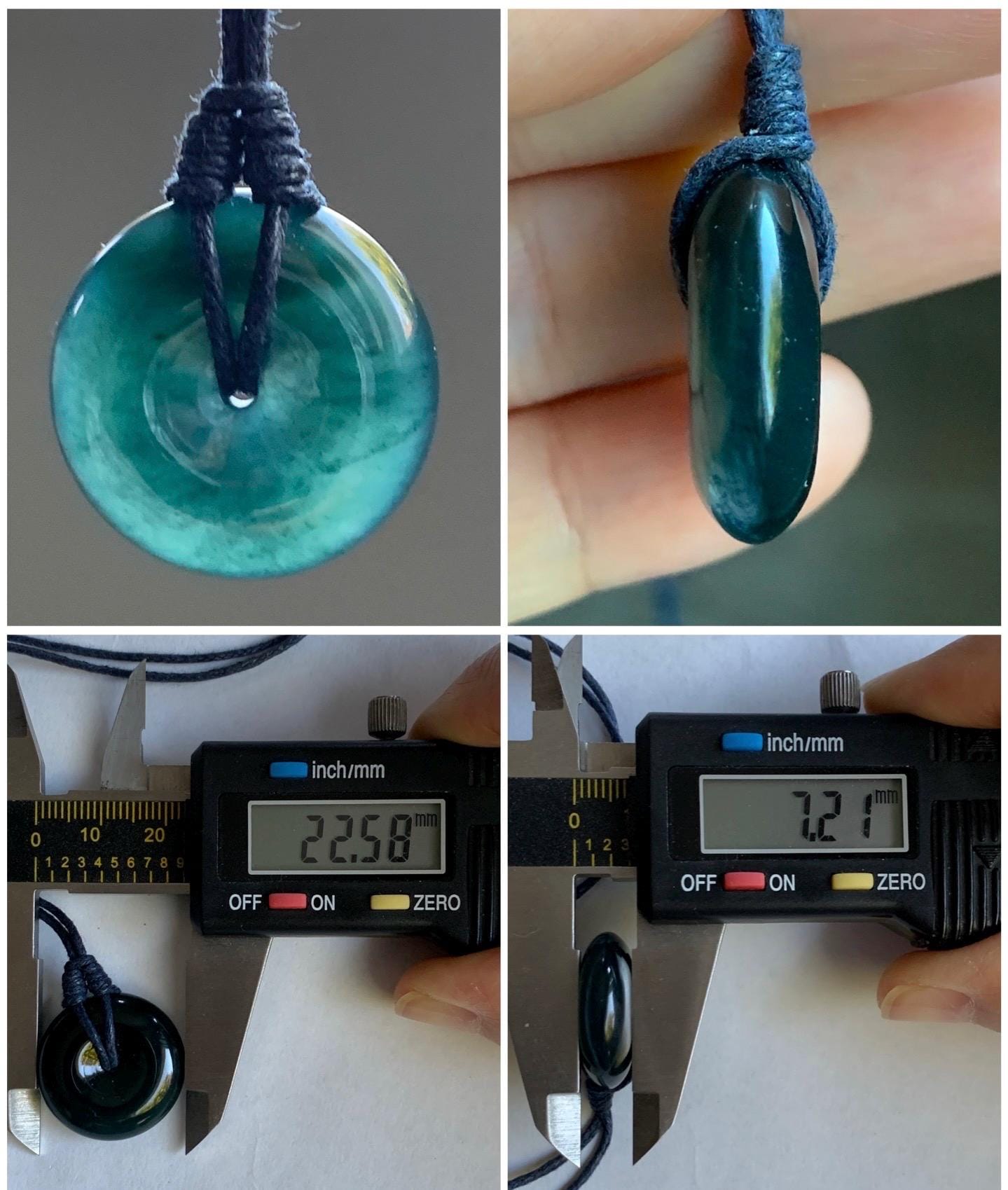 Natural Guatemalan Icy Translucent Gelatinous Deep Teal Blue Jadeite Thick Ping An Kou Donut Pendant Rope Necklace 25” 8g 天然老种冰胶危老蓝水翡翠平安扣吊坠
