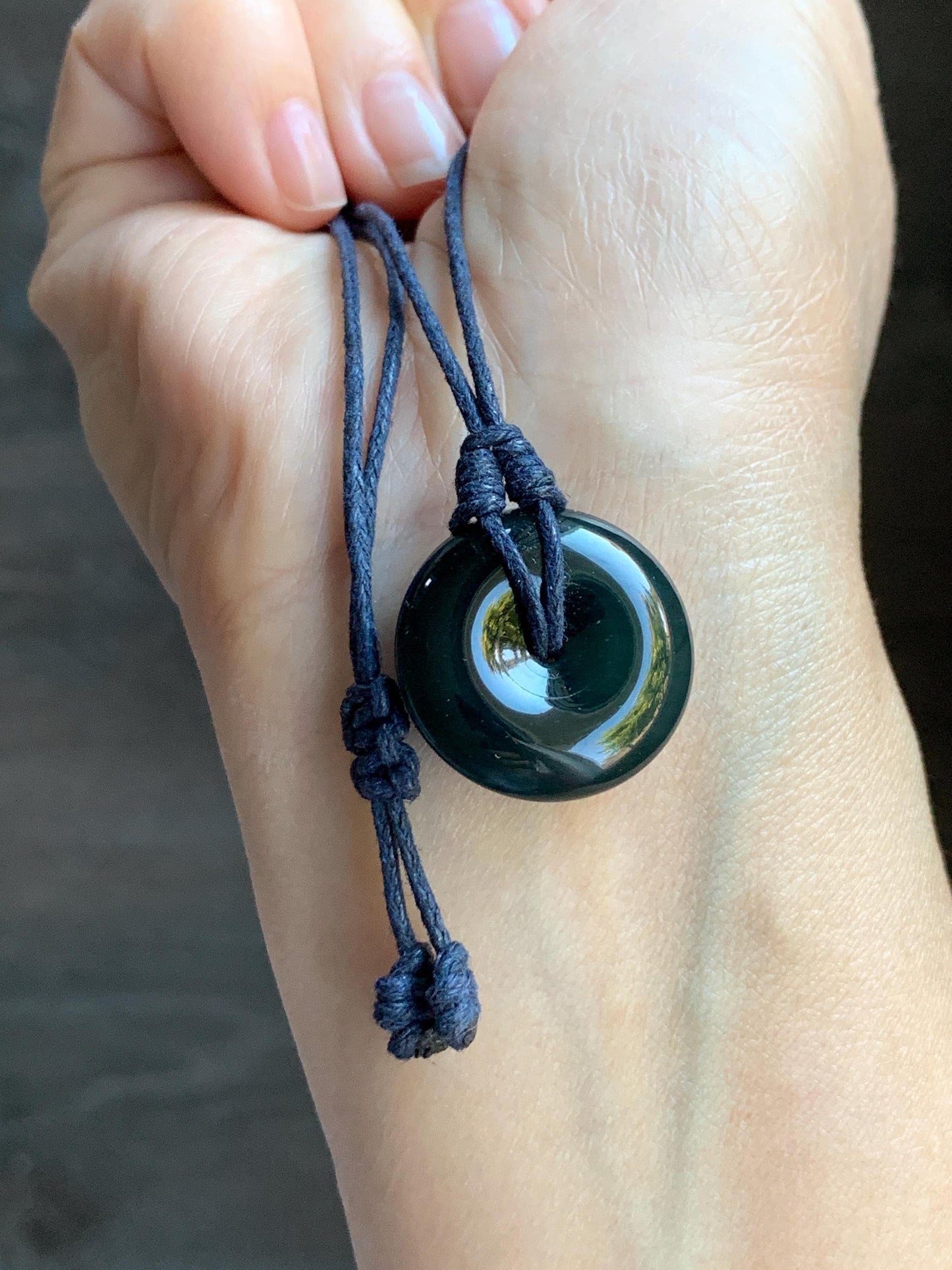 Natural Guatemalan Icy Translucent Gelatinous Deep Teal Blue Jadeite Thick Ping An Kou Donut Pendant Rope Necklace 25” 8g 天然老种冰胶危老蓝水翡翠平安扣吊坠