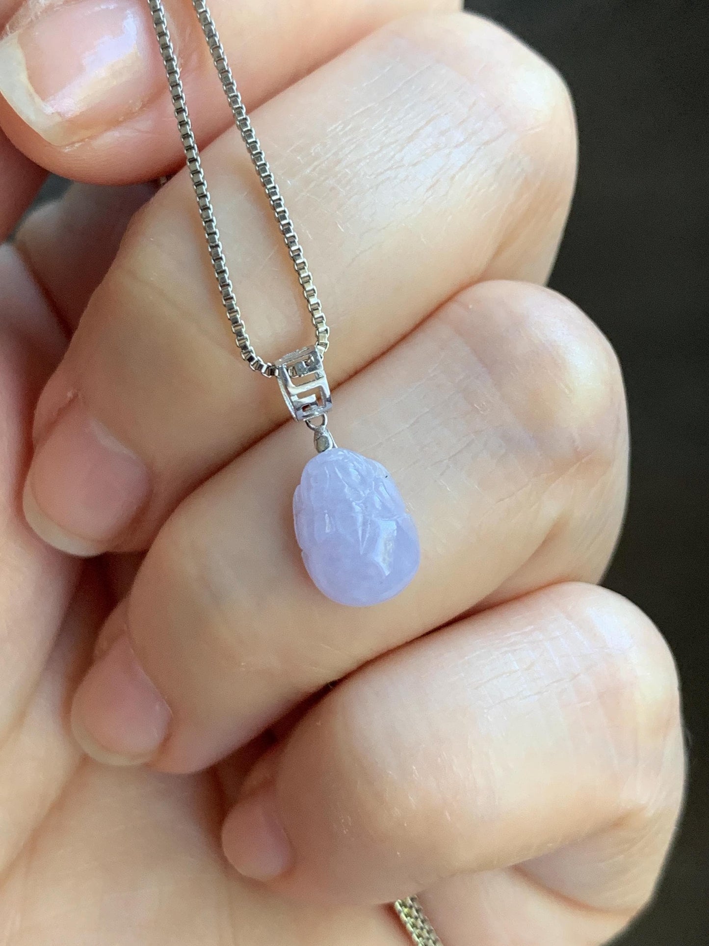 Petite Natural Burmese Icy Translucent Light Purple Jadeite Pixiu Pendant 18K White Gold Bail 天然缅甸冰紫翡翠貔貅镶嵌吊坠