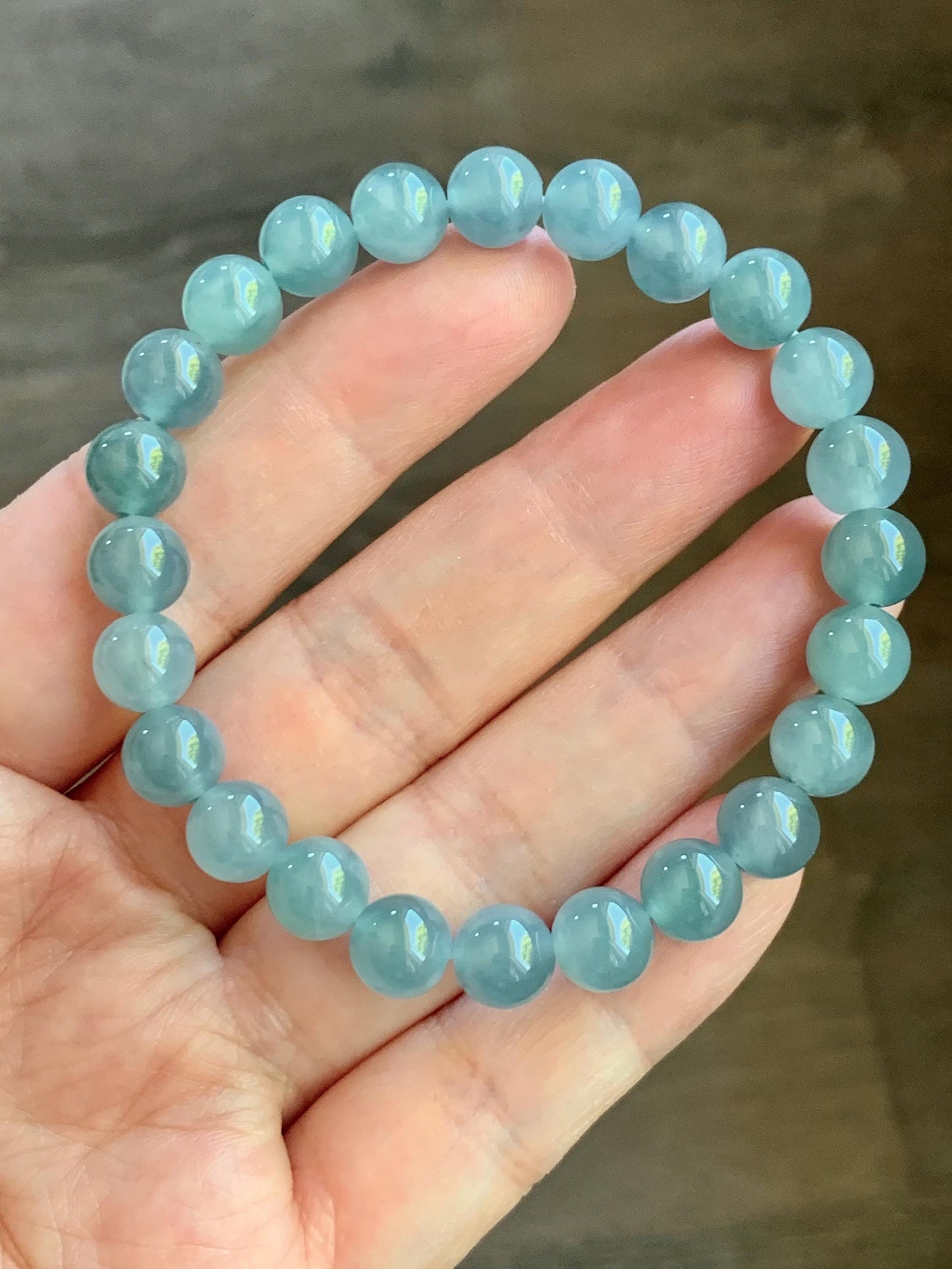 Natural Guatemalan Icy Highly Translucent Light Blue Teal Marbled Jadeite Beaded Bracelet Stretchy 7.8mm 6.75” 19g 天然冰危淡蓝飘花翡翠圆珠手串 DLW67