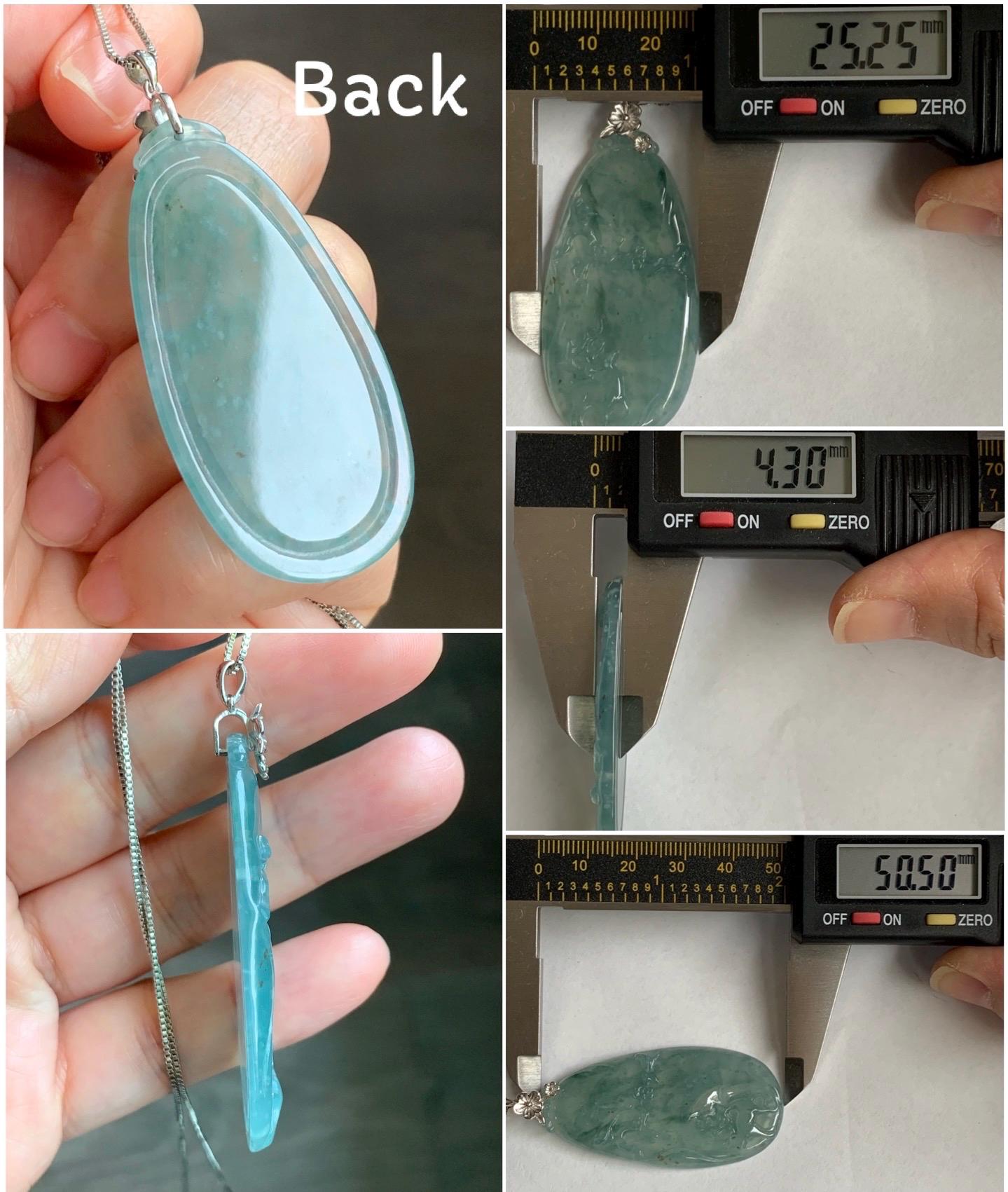Natural Guatemalan Icy Highly Translucent Light Blue Jadeite Deer Cherry Blossom Pendant Sterling Silver Bail 11g 天然冰危淡蓝翡翠梅花鹿吊坠