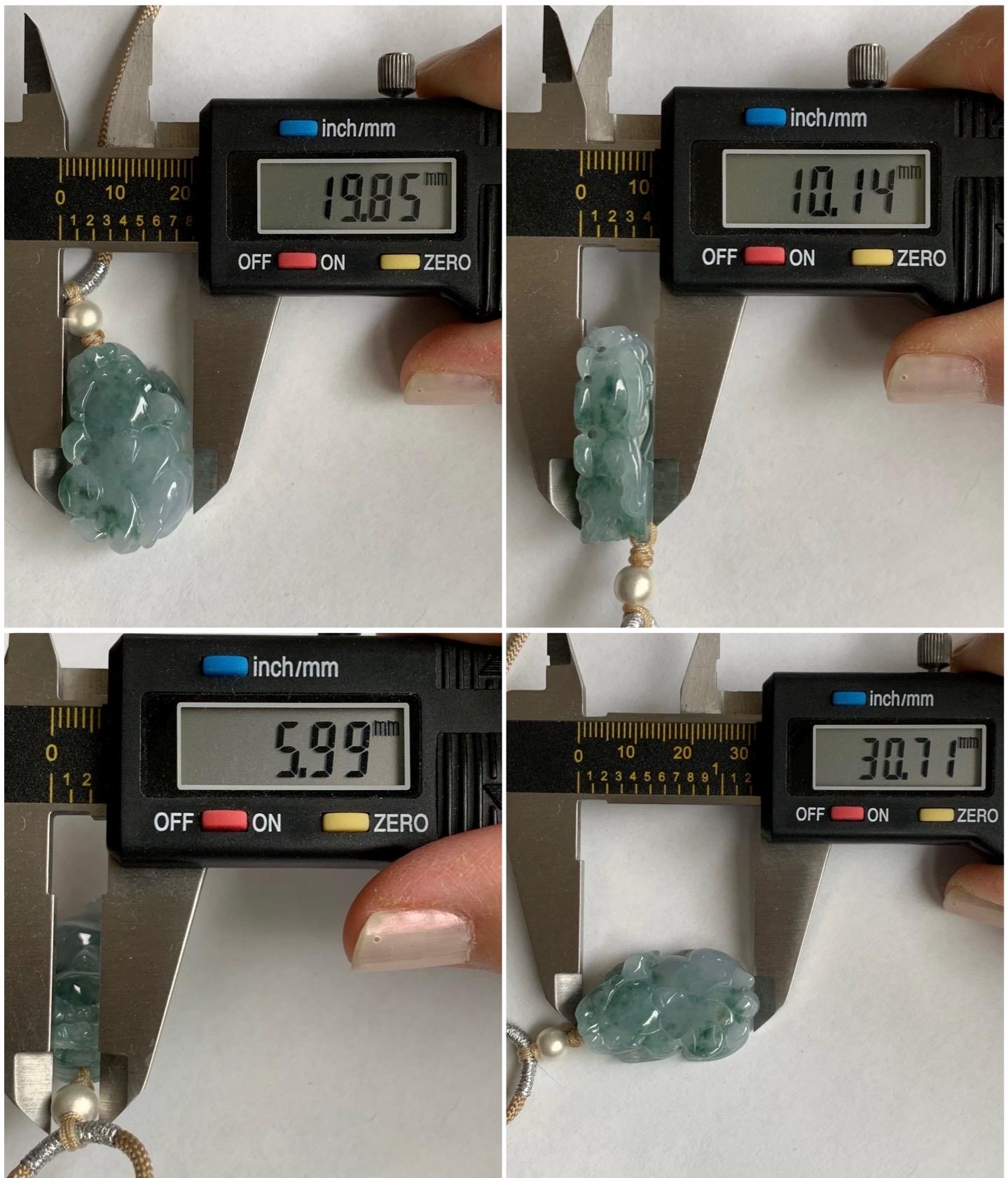 Natural Burmese Icy Translucent Gelatinous Teal Green Marbled Jadeite Pixiu Pendant Rope Necklace Sterling Silver 14g 天然缅甸冰胶飘花翡翠貔貅吊坠