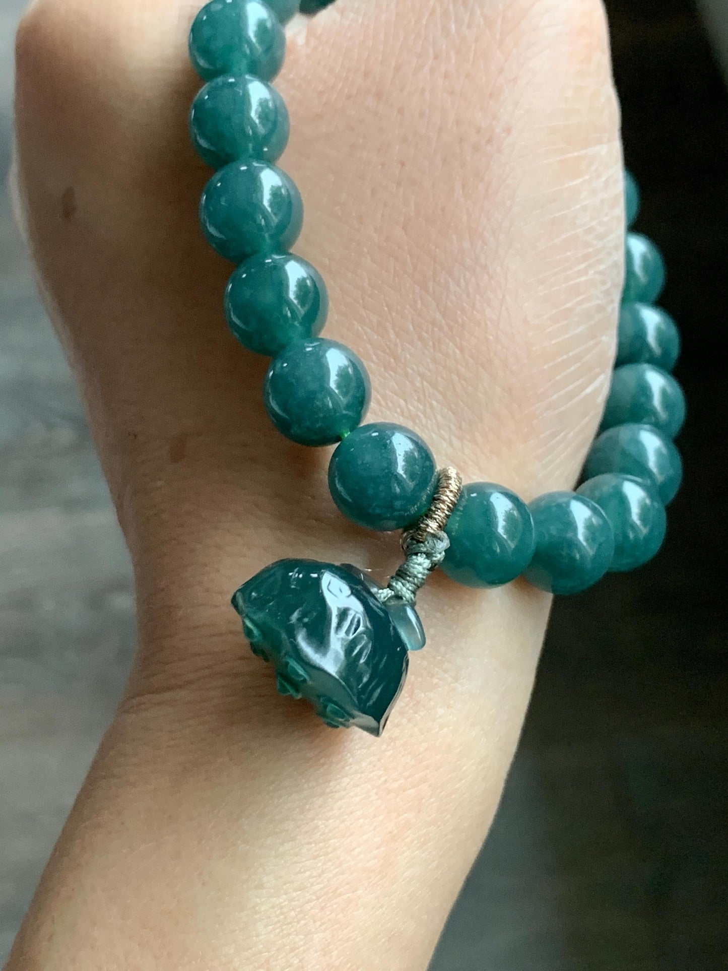 Natural Guatemalan Icy Translucent Dark Teal Green Jadeite Beaded Bracelet Pudgy Lotus Pod Charm 10mm 7.5” 39g 天然冰危蓝绿翡翠莲蓬手串 LPW43