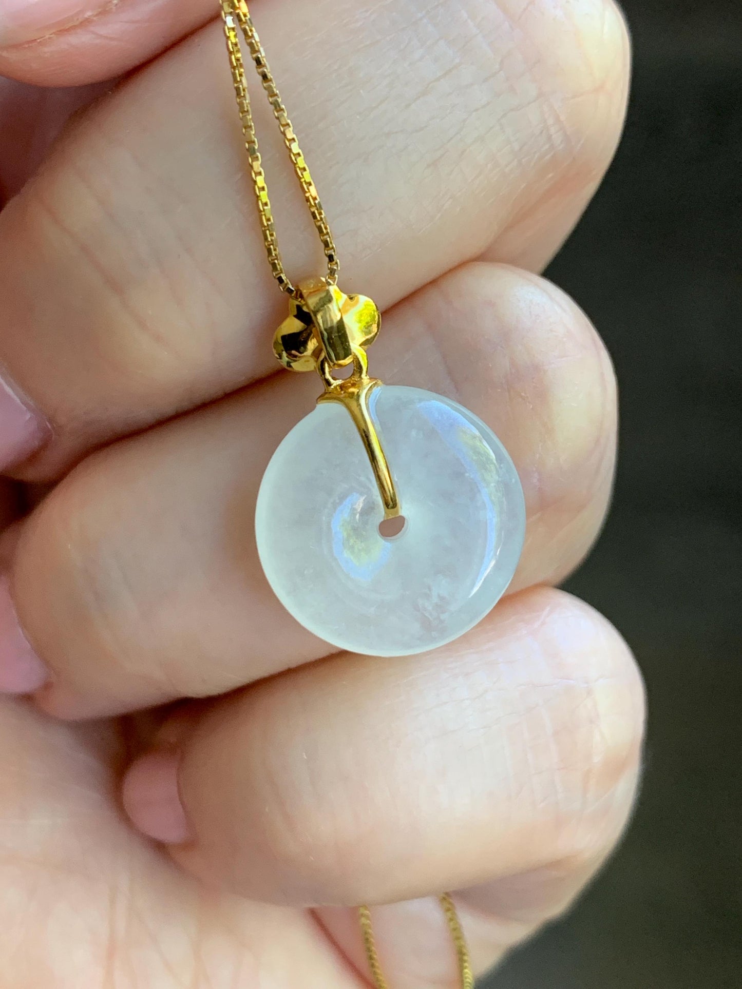 Certified Natural Burmese Icy Highly Translucent White Jadeite Petite Ping An Kou Donut Pendant 18K Yellow Gold 天然缅甸正白冰翡翠平安扣仿古款镶嵌吊坠 3029