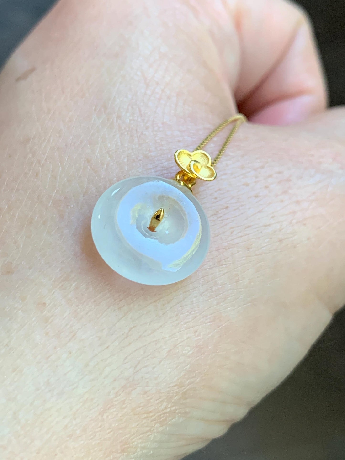 Certified Natural Burmese Icy Highly Translucent White Jadeite Petite Ping An Kou Donut Pendant 18K Yellow Gold 天然缅甸正白冰翡翠平安扣仿古款镶嵌吊坠 3029