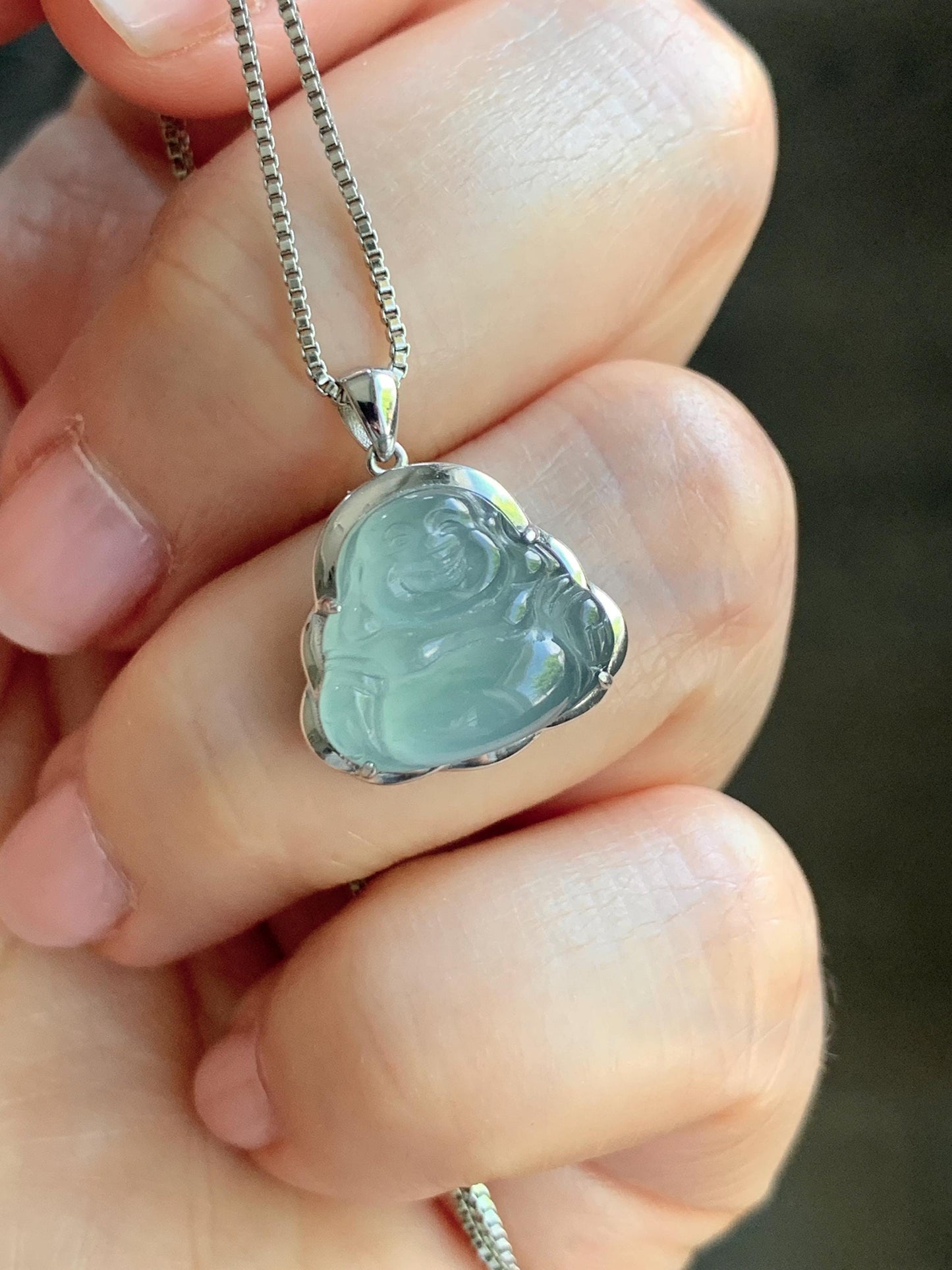 Certified Natural Guatemalan Icy Highly Translucent Light Teal Blue Jadeite Buddha Petite Pendant Sterling Silver 天然老种高冰危蓝绿翡翠起光佛公镶嵌吊坠 3023